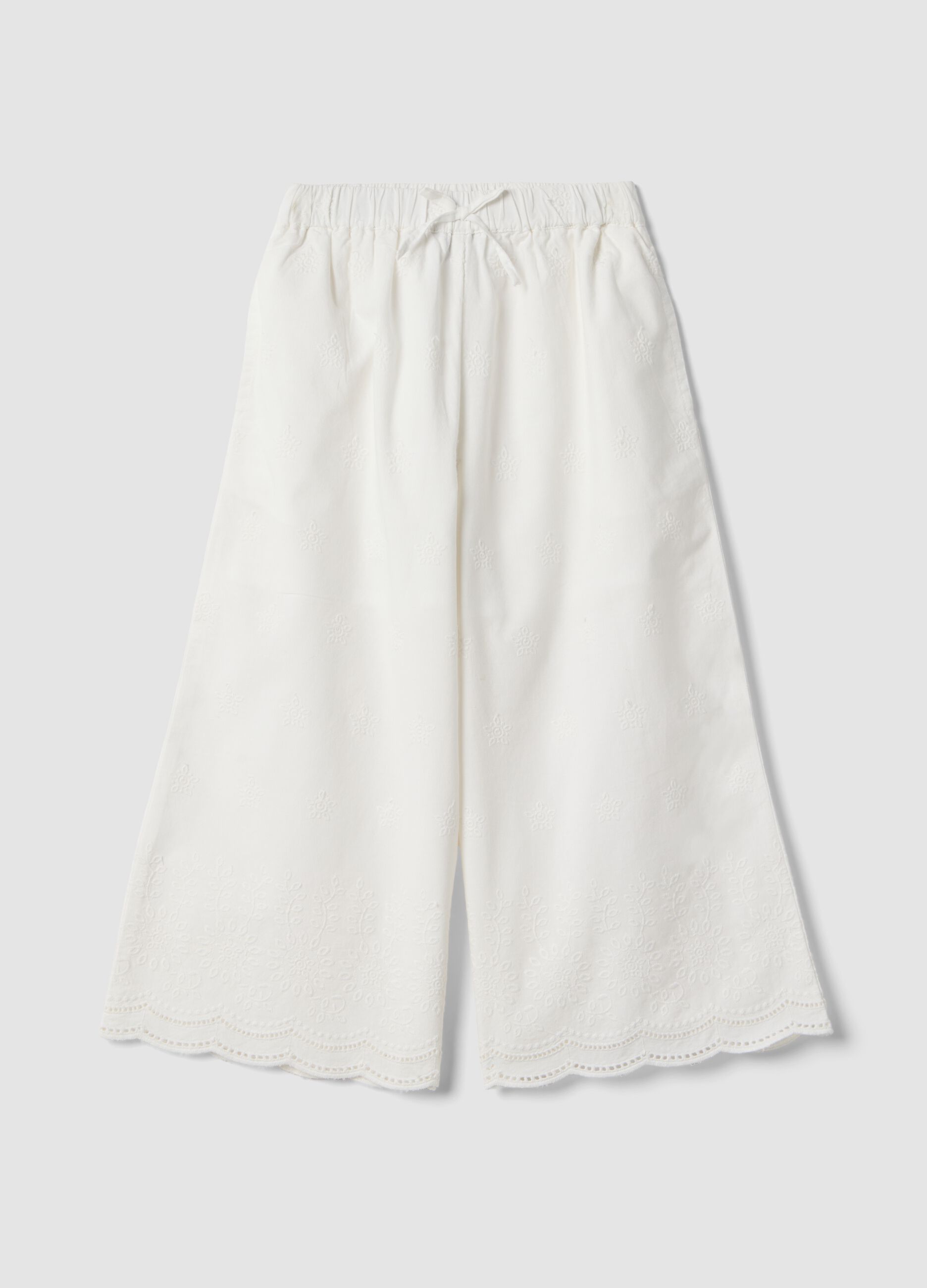 Pantaloni culotte in puro cotone bianchi da bambina con ricami