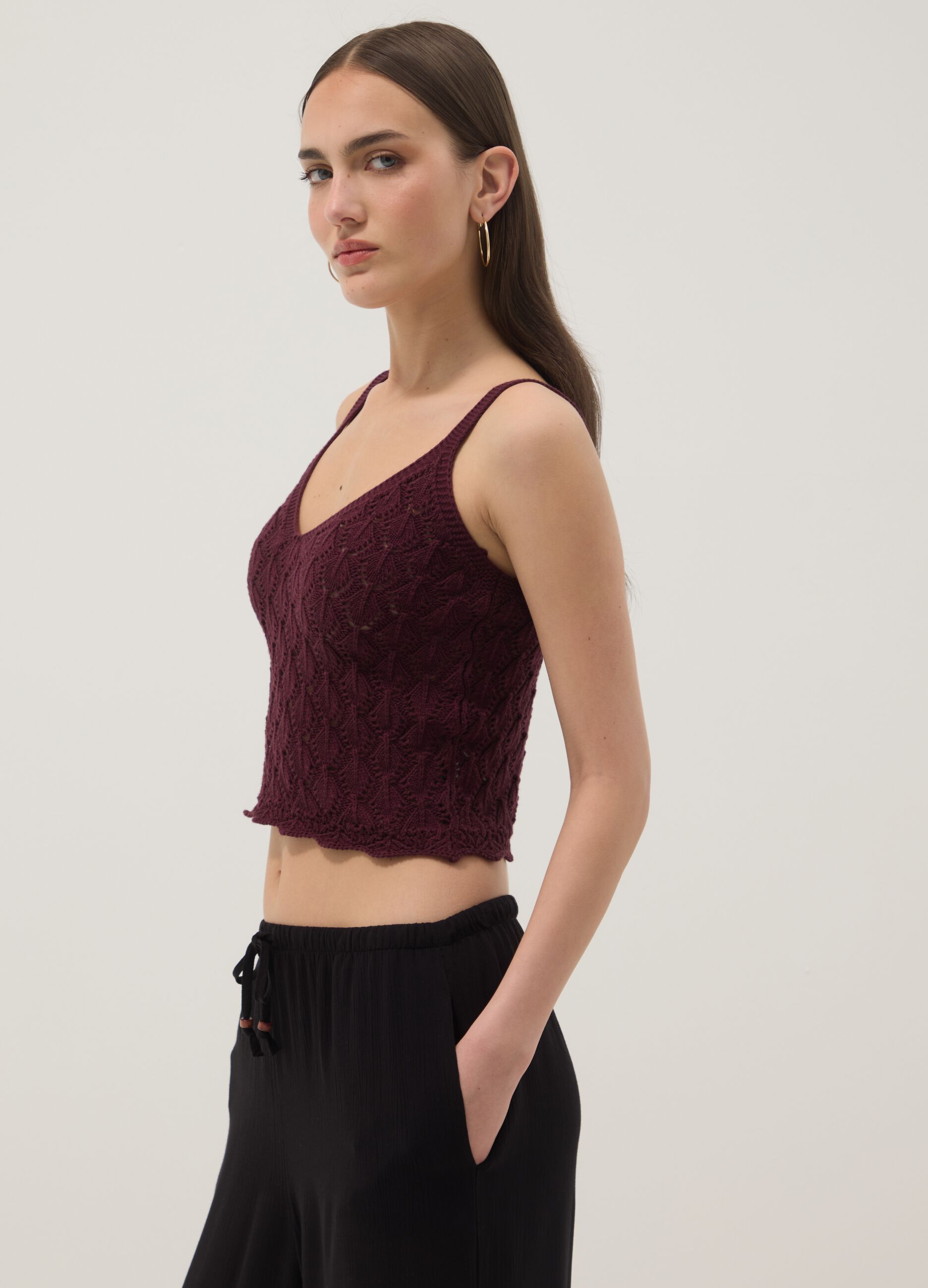 Gilet rosso in crochet di puro cotone regular fit