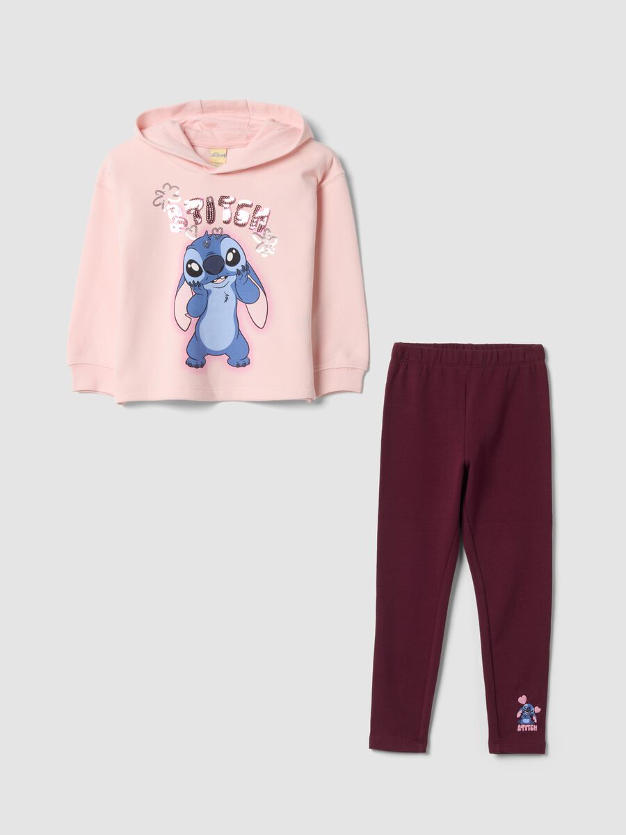 Completo rosa in misto cotone con cappuccio e stampa Stitch_0