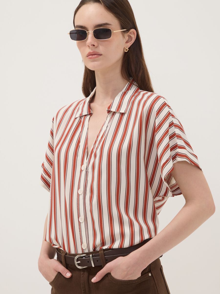 Multicolour striped pure viscose short-sleeve oversized shirt_1