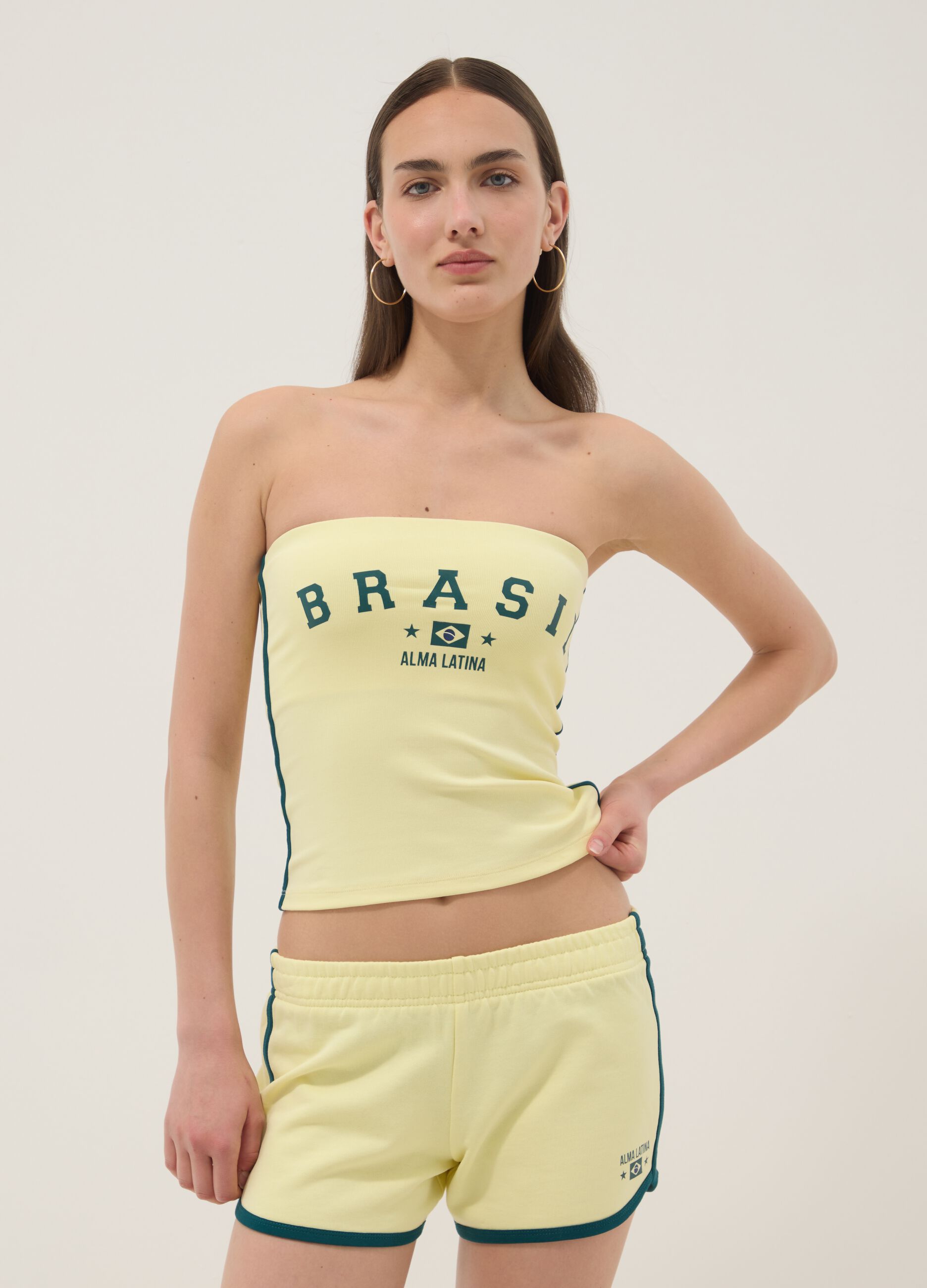 Yellow strapless bandeau top in stretch cotton