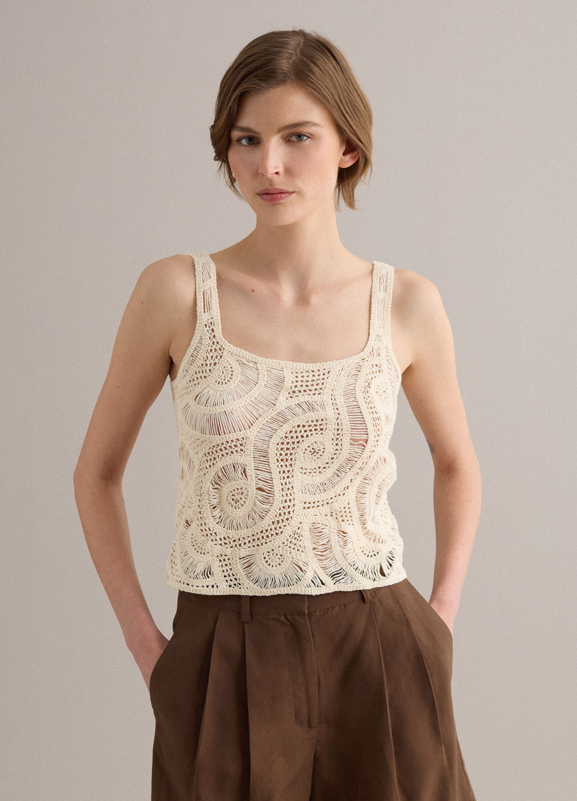 Beige crochet cotton-blend tank top