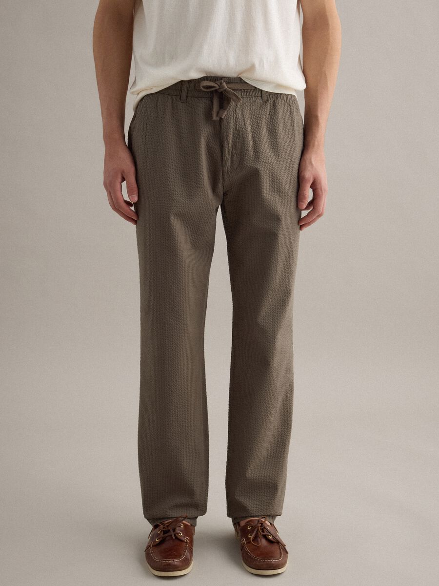 Brown stretch cotton regular fit chino trousers_1