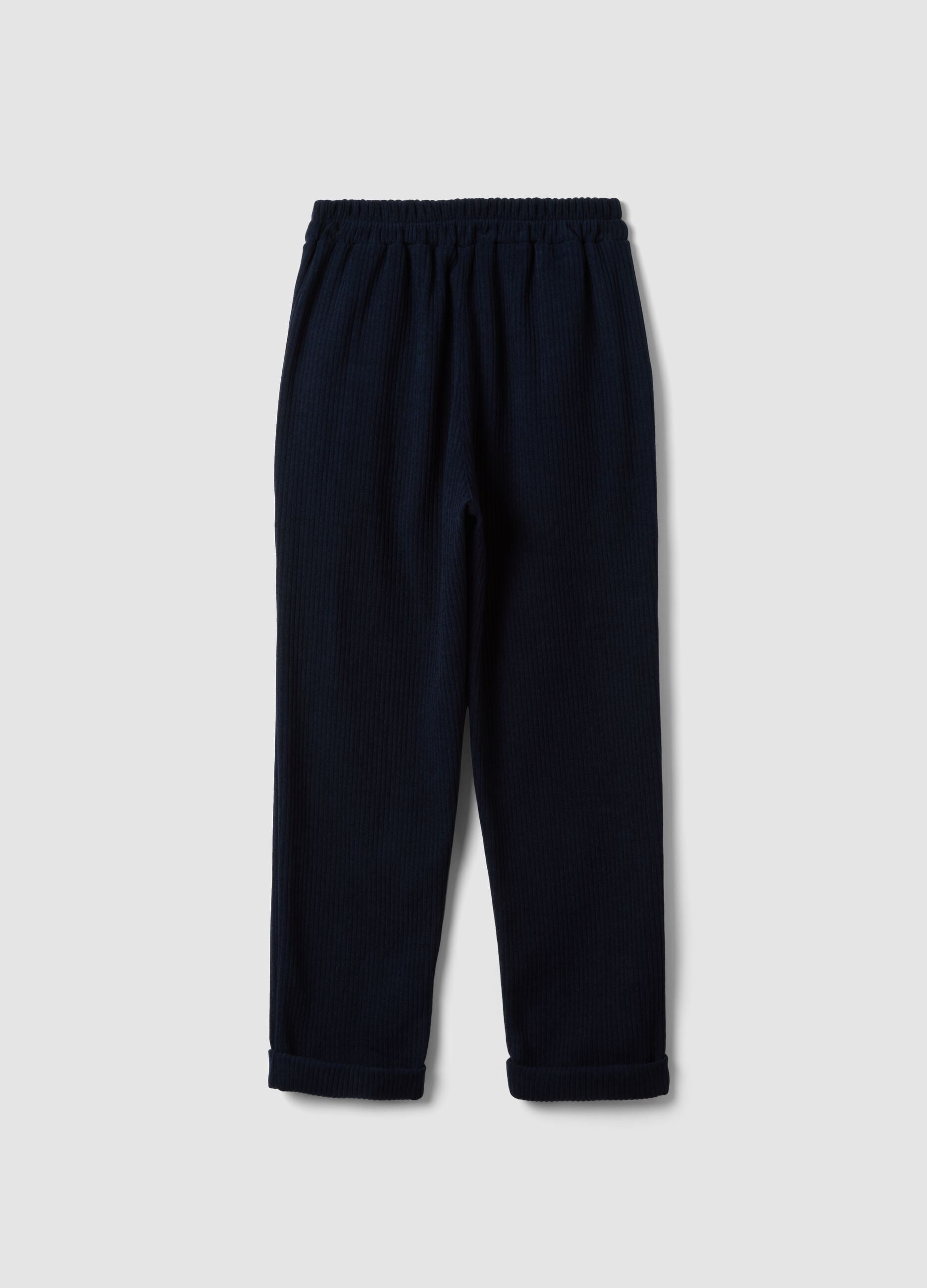 Navy blue ribbed stretch regular-fit trousers