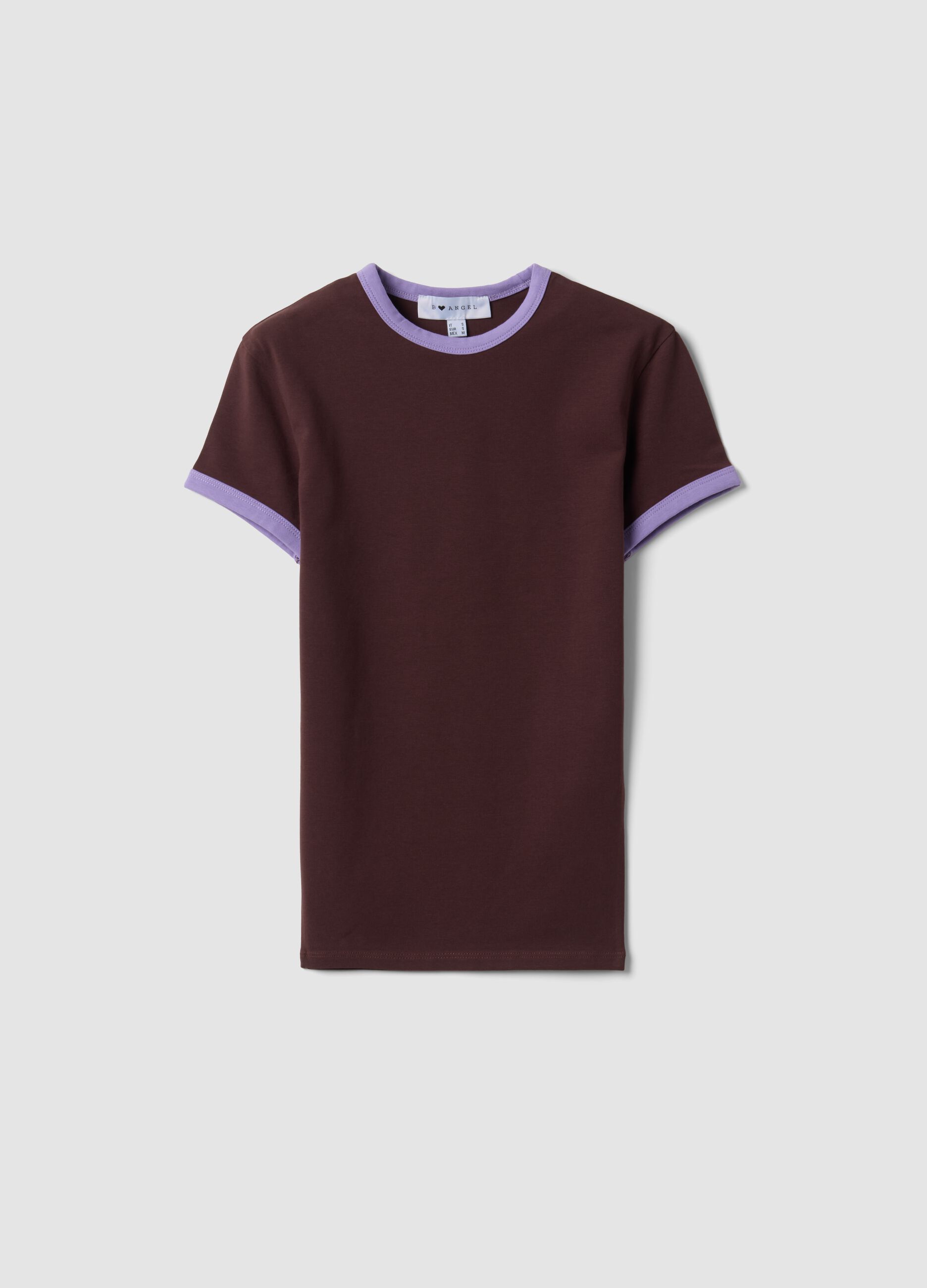 Brown fitted stretch-cotton T-shirt with contrast trims