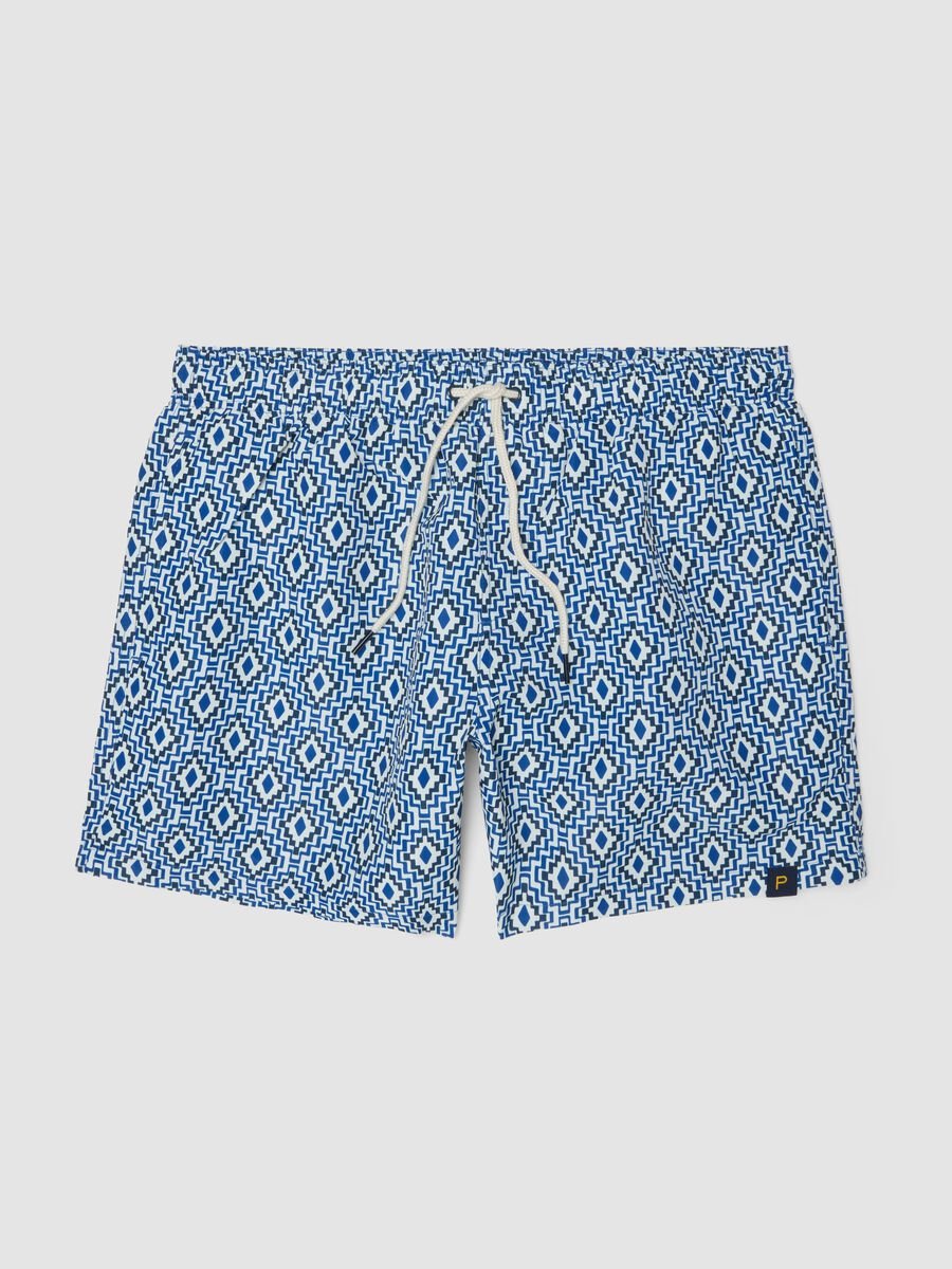 Blue swim shorts with geometric print_0