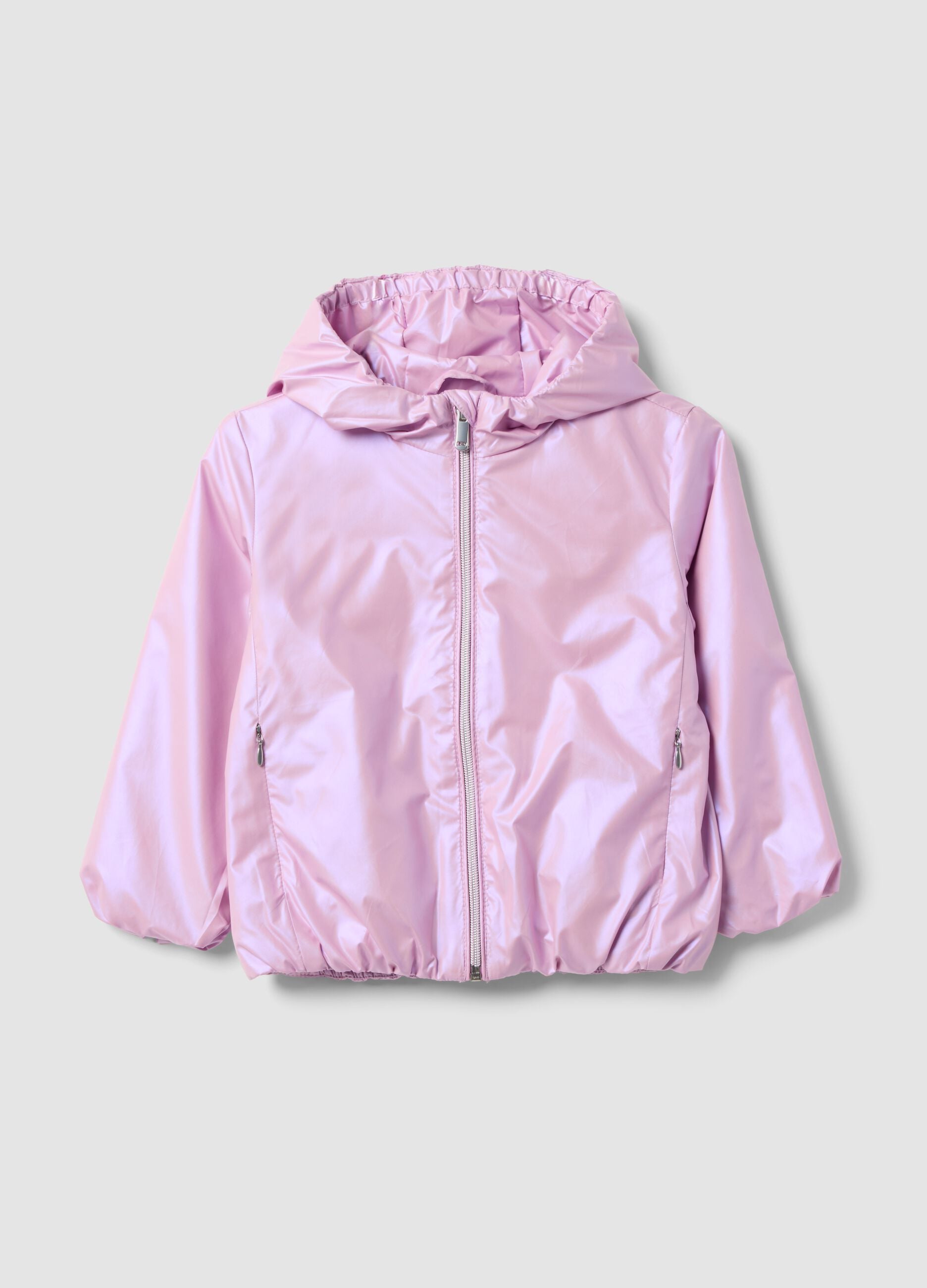 Casaco leve cor-de-rosa com fecho e capuz para menina, corte regular