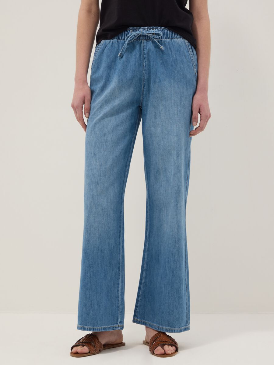 Blue pure cotton wide-leg denim jeans_1