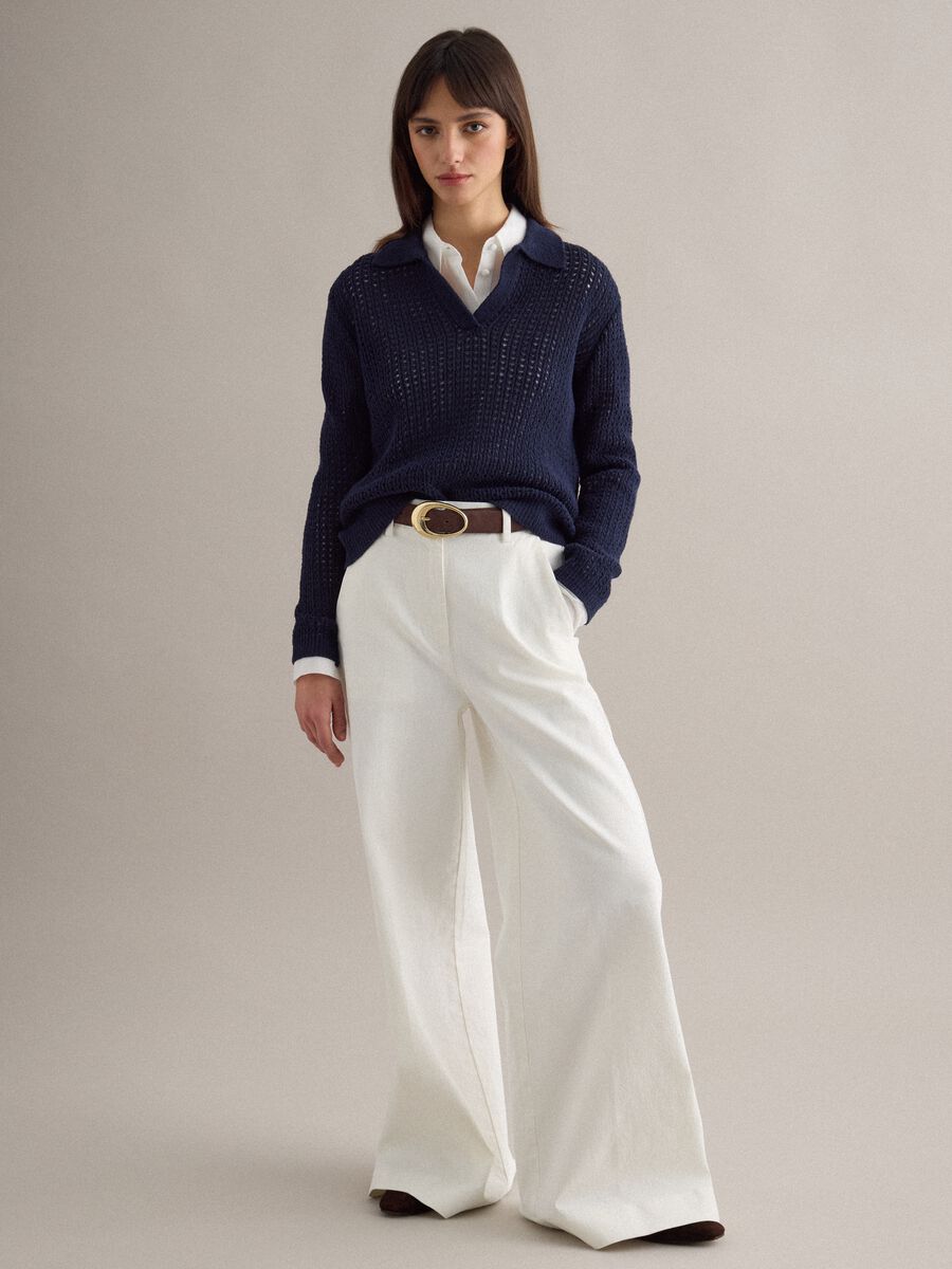 Blue cotton blend regular fit jumper with mesh pattern and polo collar_3