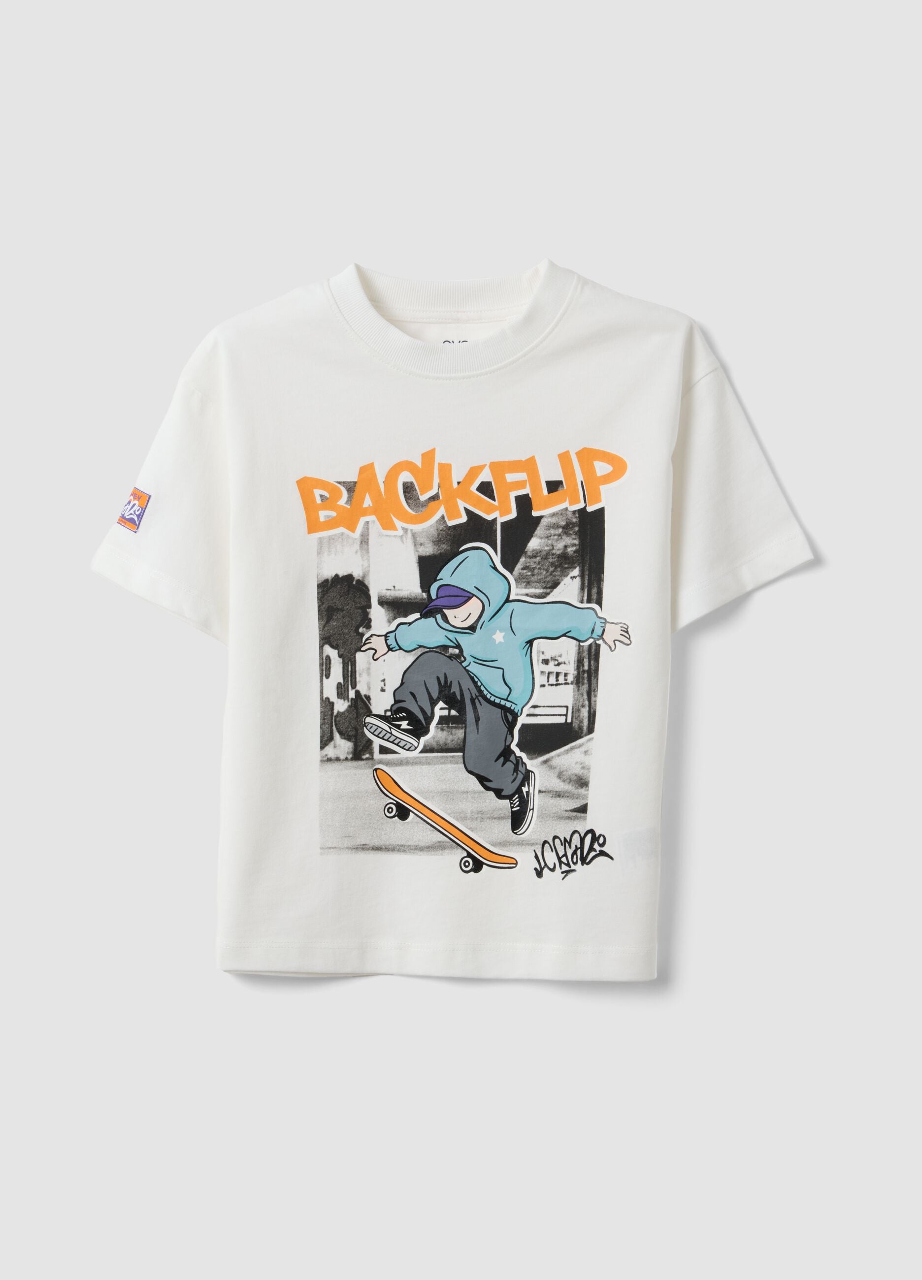 White oversized pure cotton T-shirt with skate print for boys