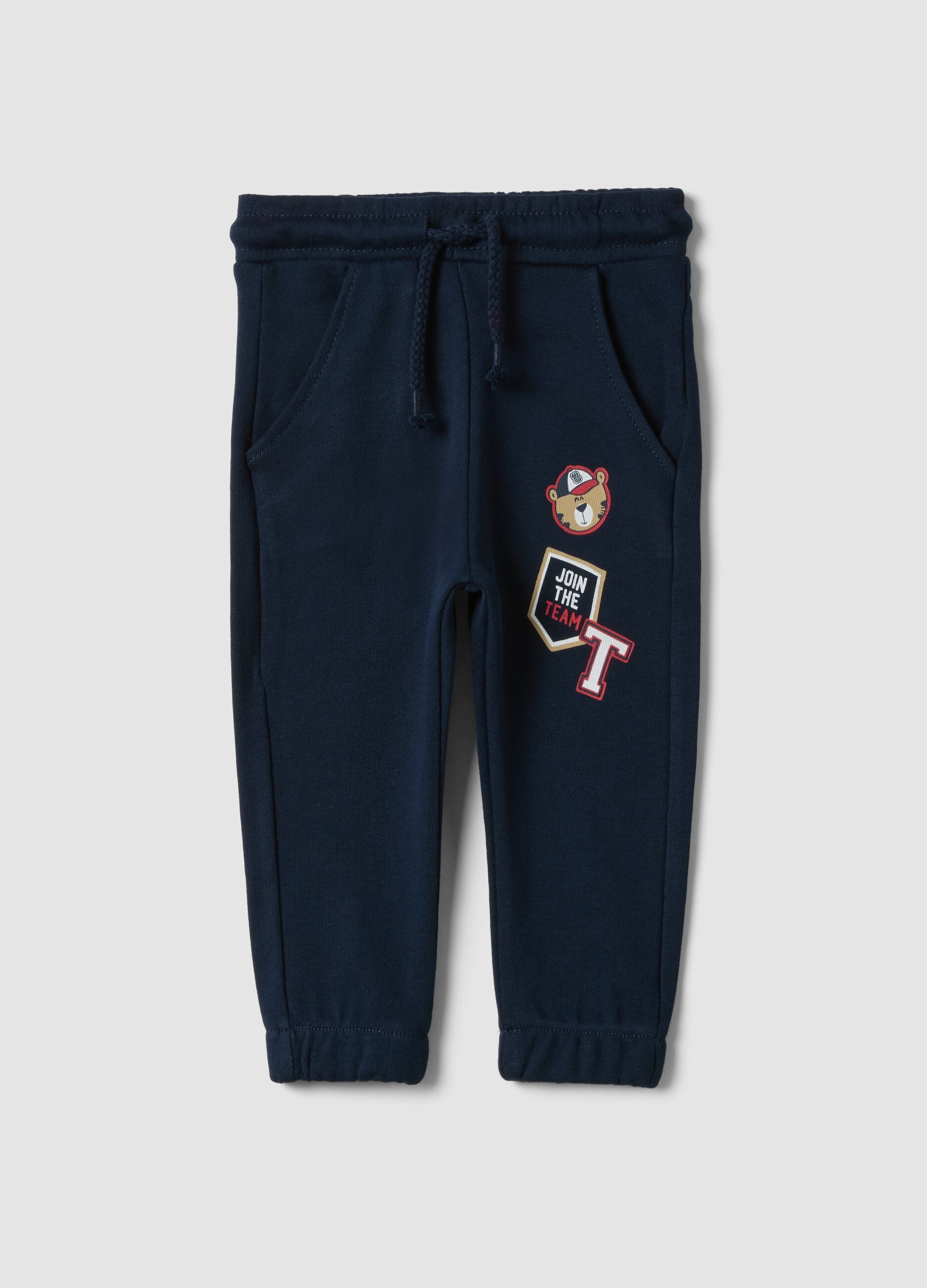 Blue pure cotton jogger trousers with teddy bear print, regular fit, for baby boy