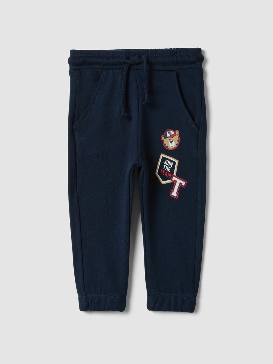 Blue pure cotton jogger trousers with teddy bear print, regular fit, for baby boy_0