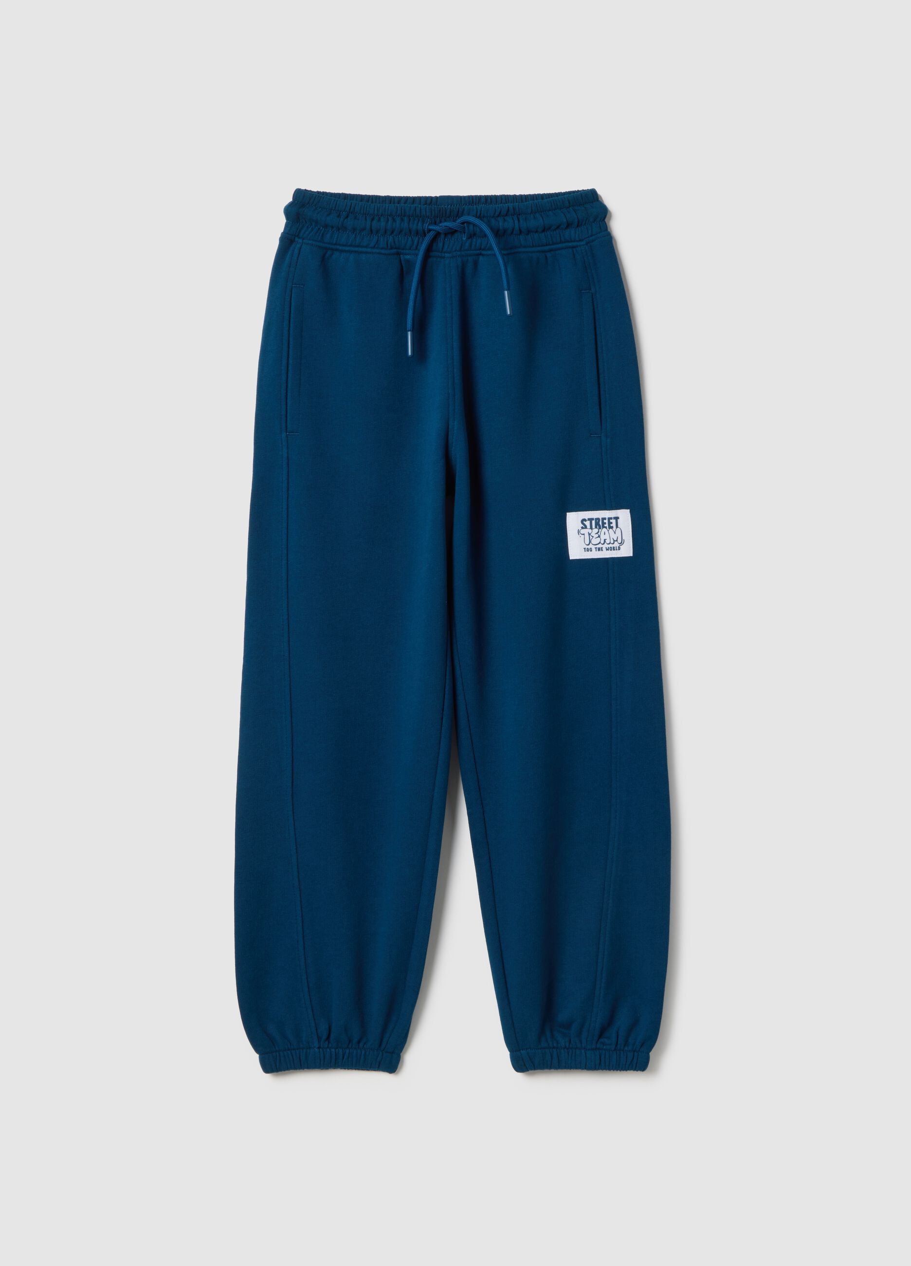 Boy's blue pure cotton regular fit jogger trousers with patch