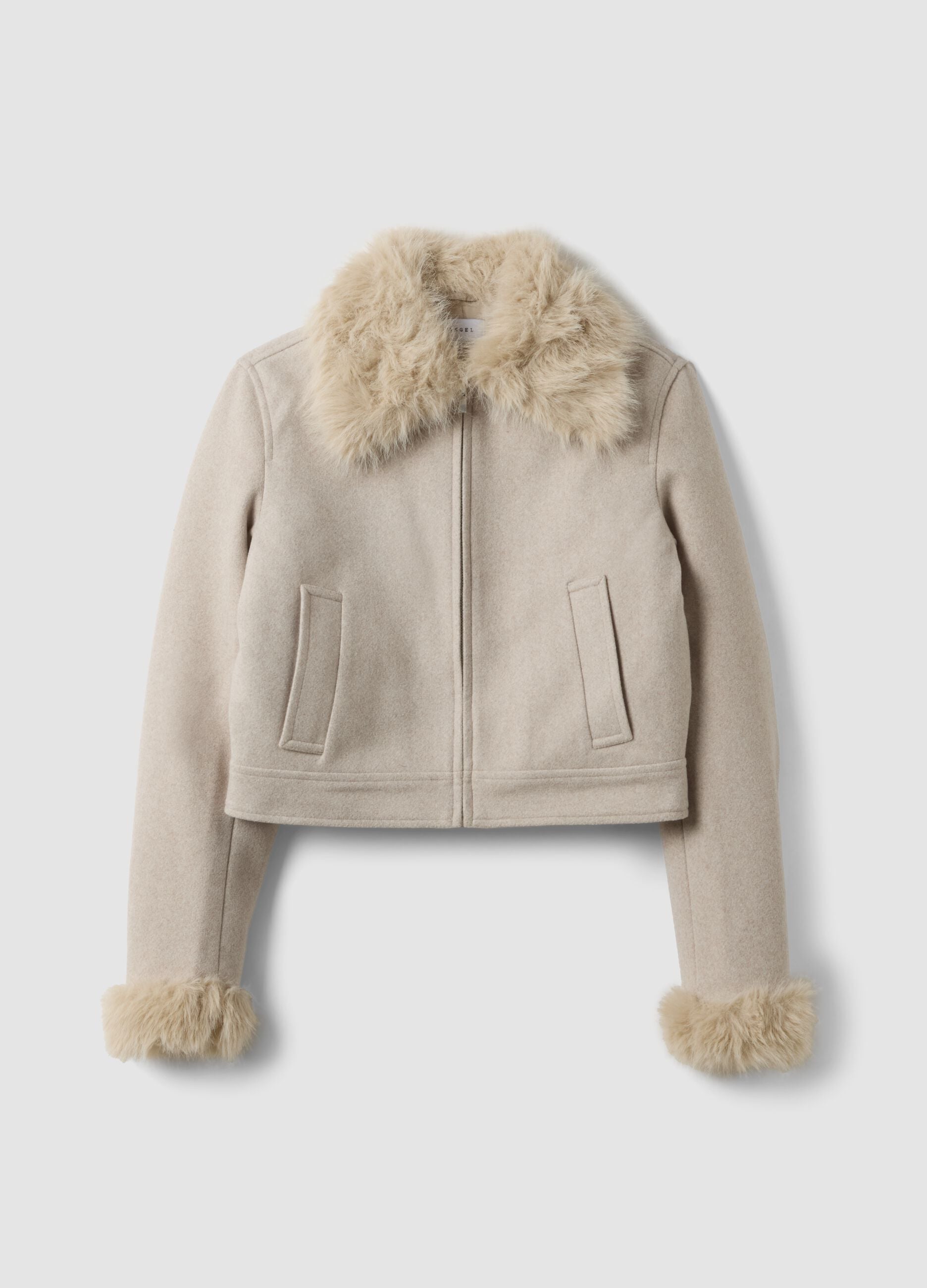 Beige jacket with zip and faux-fur collar