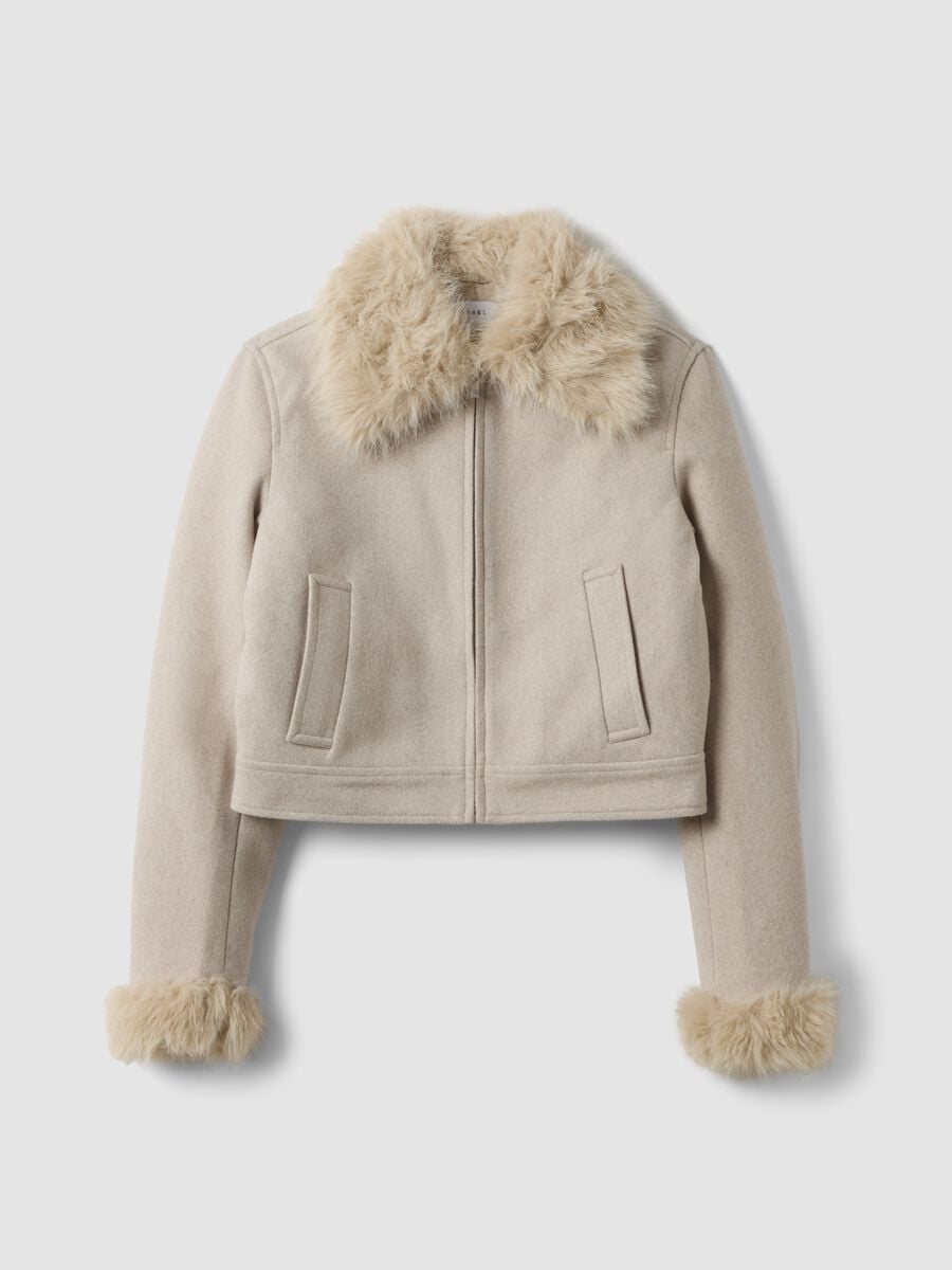 Beige jacket with zip and faux-fur collar_0