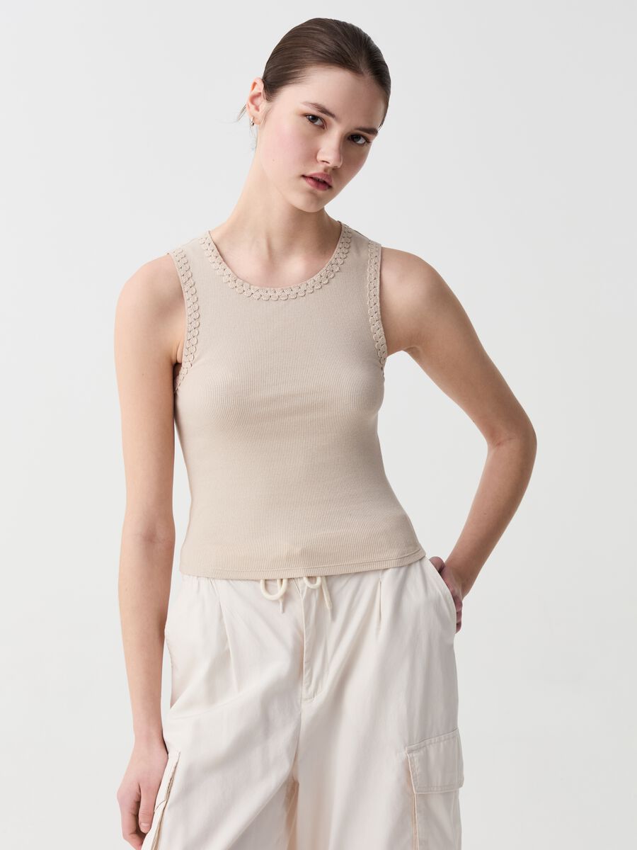 Ribbed tank top with ethnic trim_0
