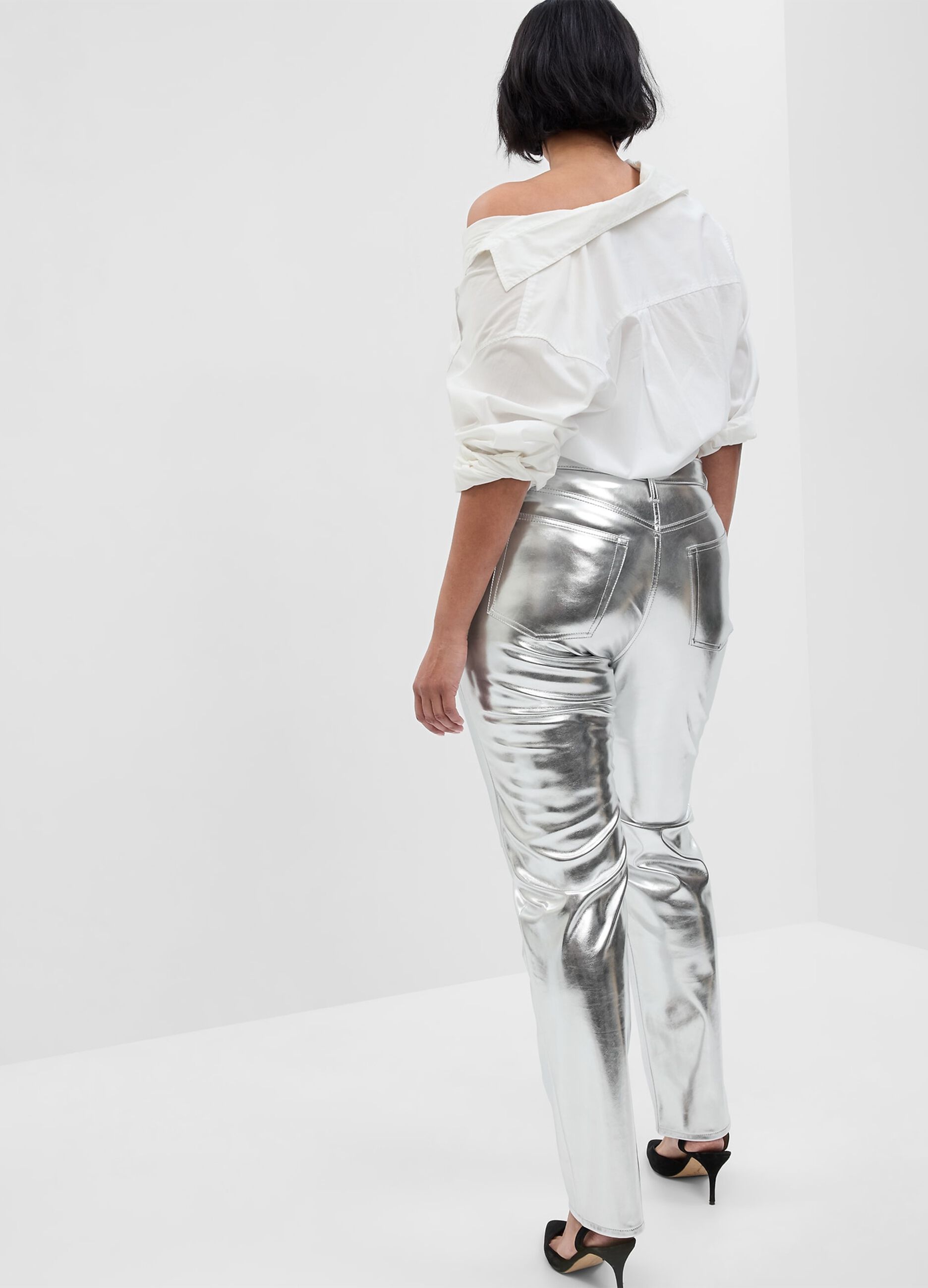 Glossy-effect straight-fit trousers