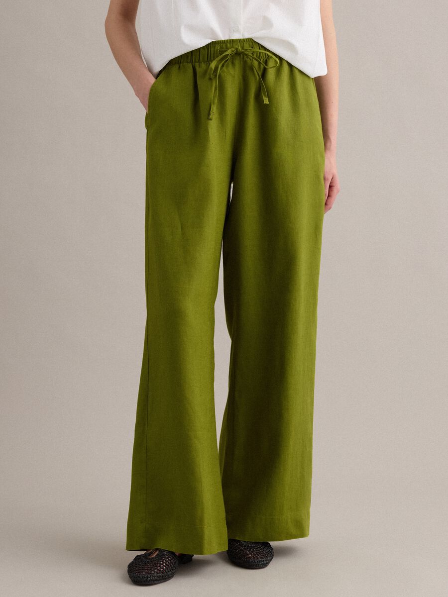 Green pure linen drawstring trousers, straight fit_2