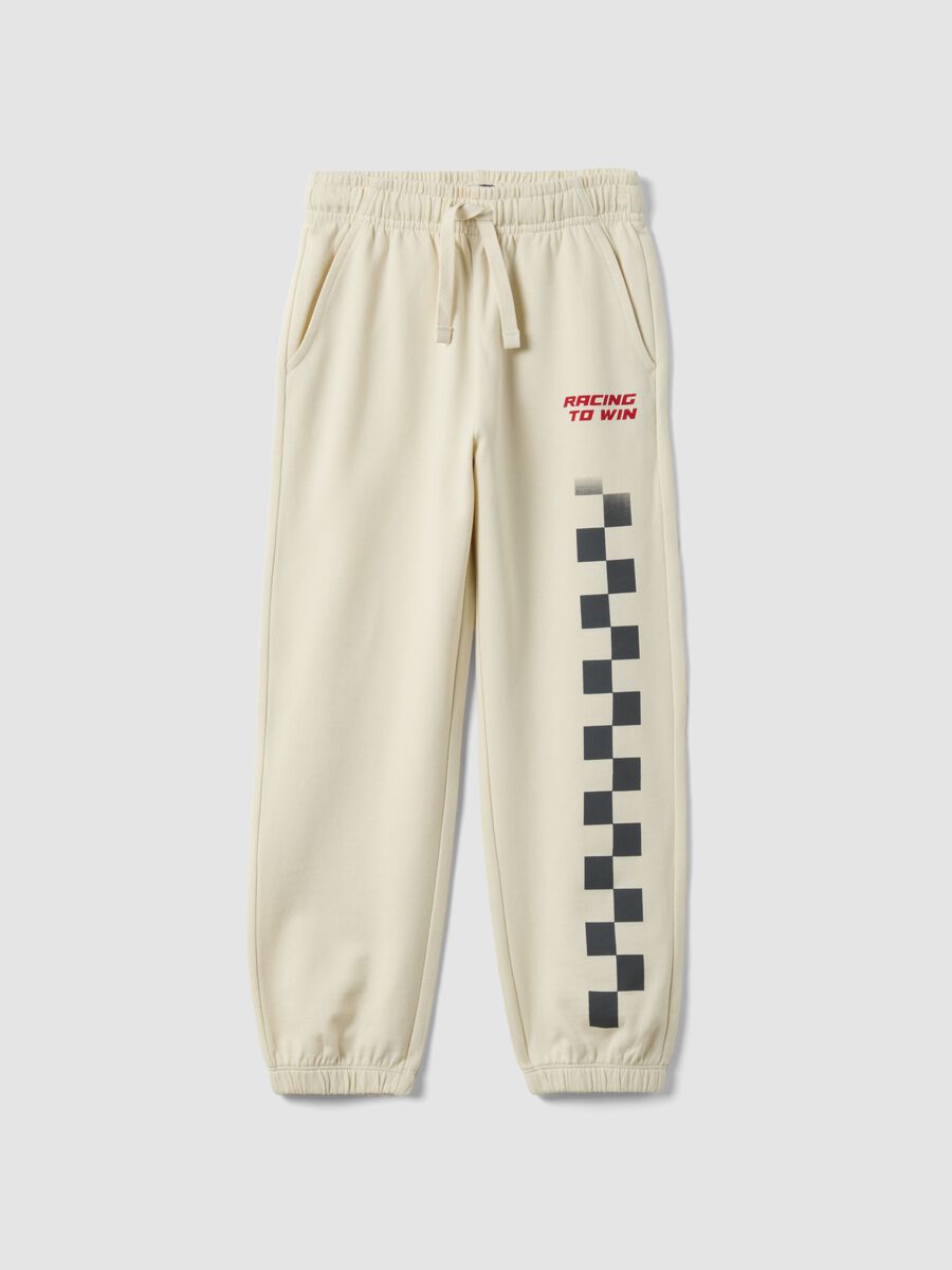 Pantalon jogger blanc en pur coton &agrave; imprim&eacute; carreaux, coupe confort_0