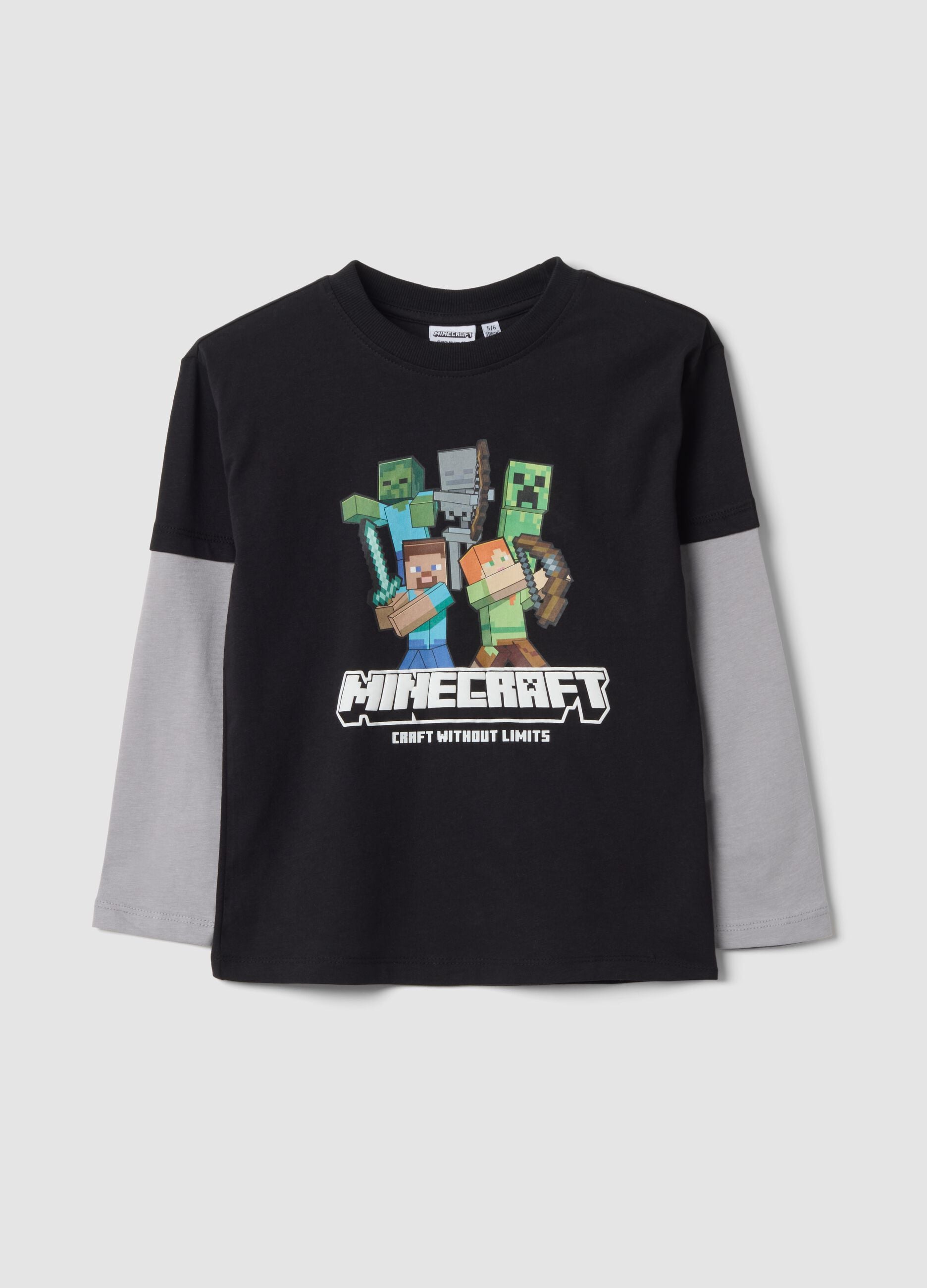T-shirt preta em algod&atilde;o puro com decote redondo e estampado Minecraft &ndash; corte oversized