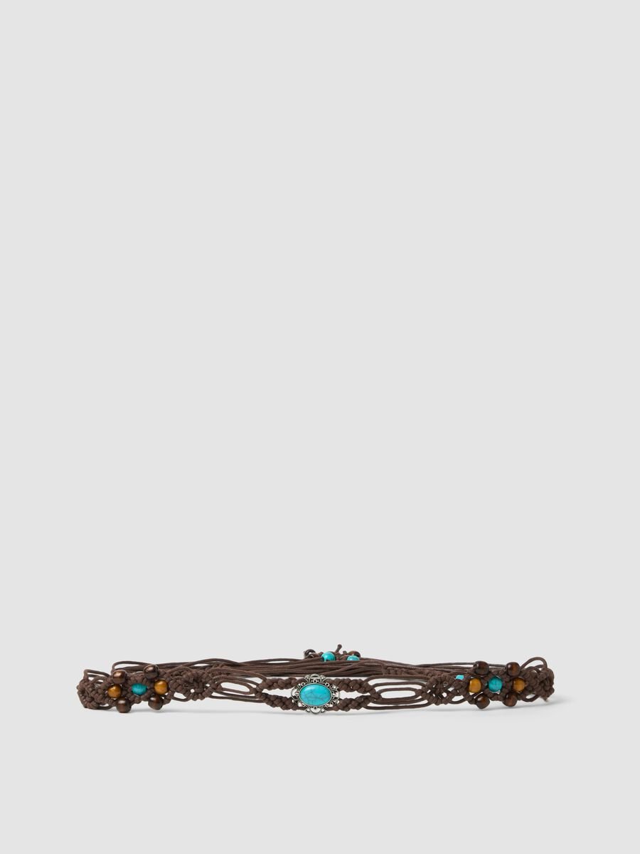 Brown braided belt with beads and decorative stones_0
