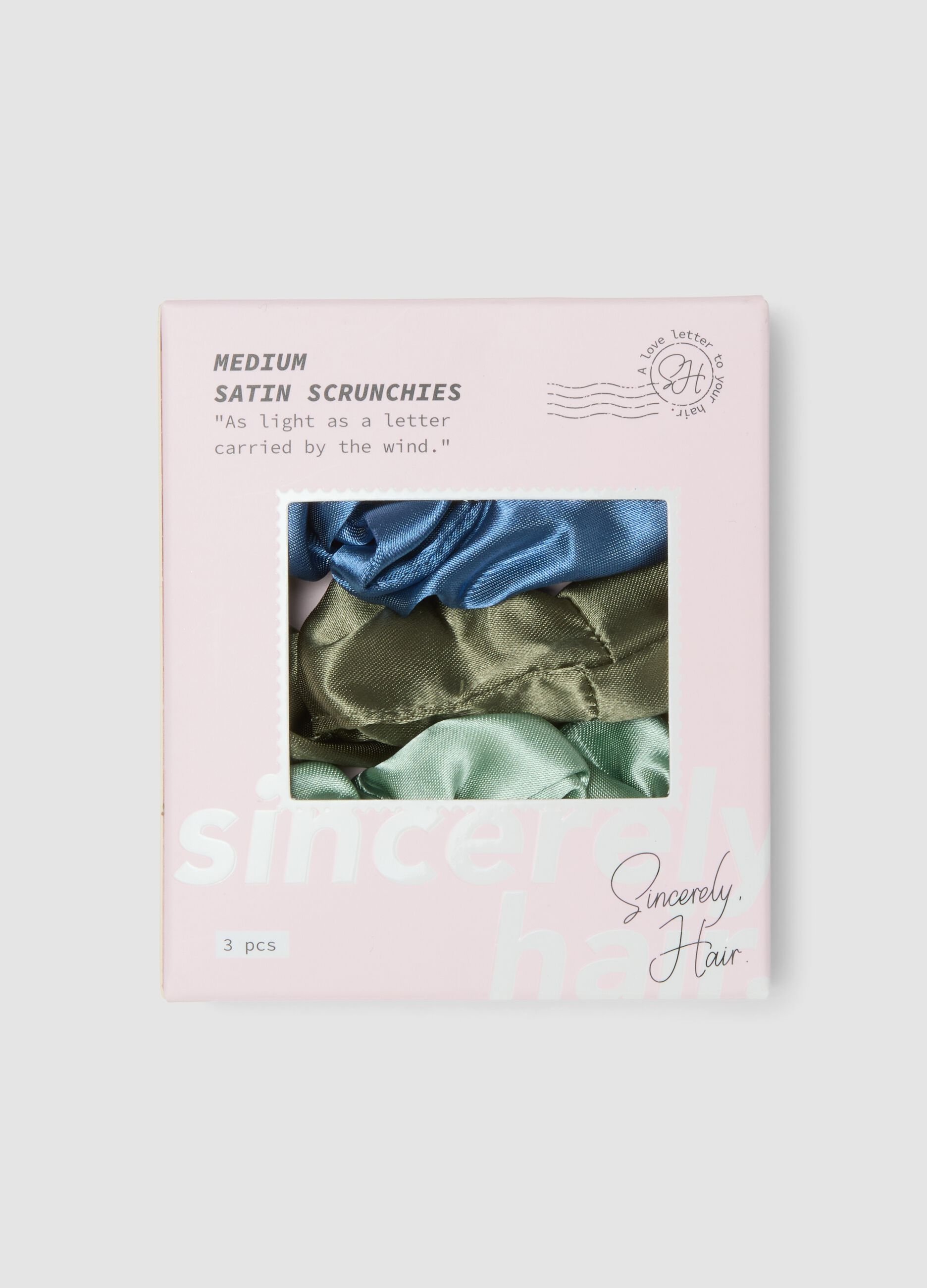 SINCERELY HAIR Scrunchies de cetim tamanho m&eacute;dio pack de 3 Azul e Verde