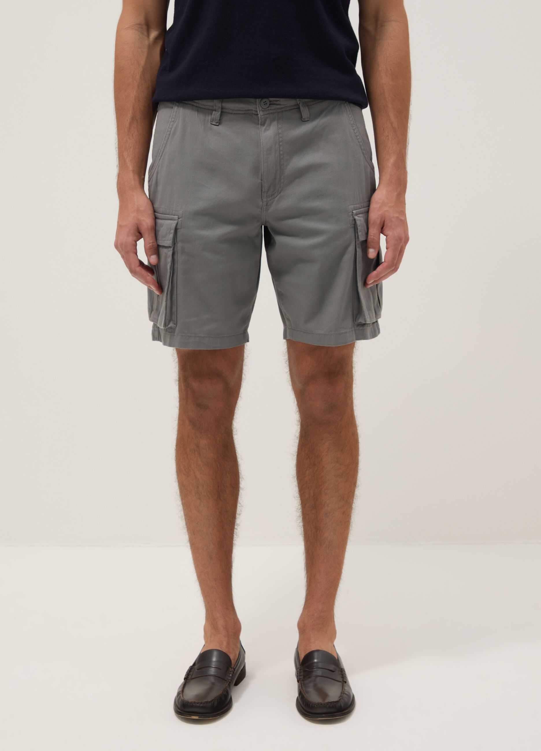 Grey pure cotton cargo Bermuda shorts, regular fit