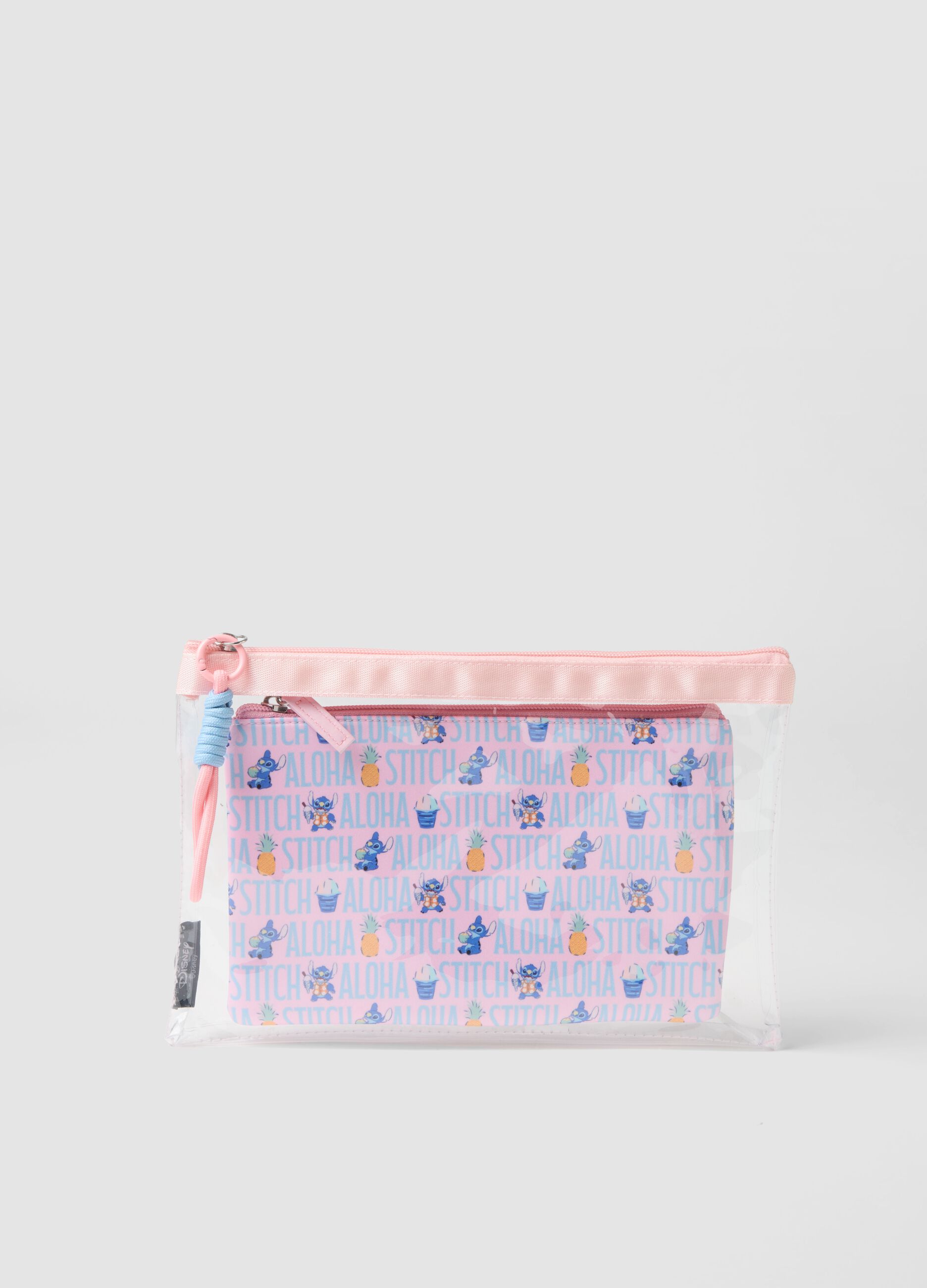 Transparent pink beauty case with Stitch print
