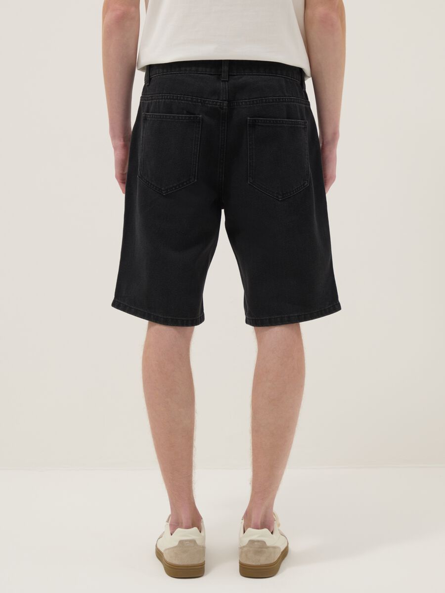 Black denim cotton blend slim fit shorts_2