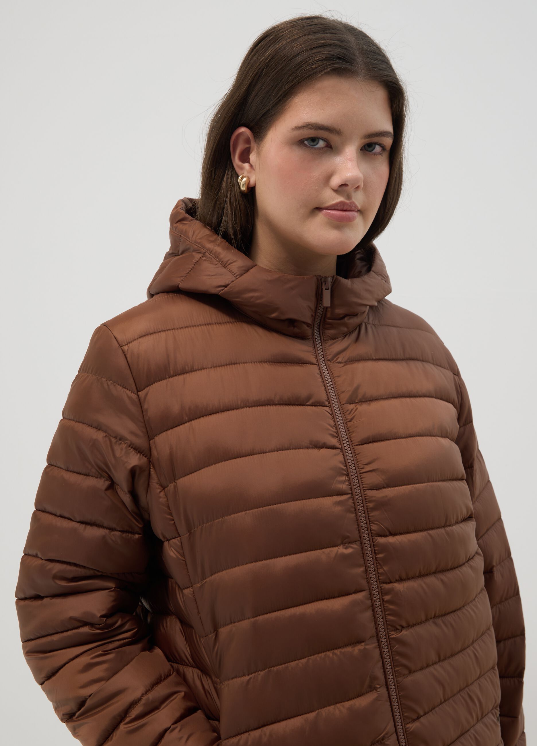 Brown padded regular fit jacket with zip and hood