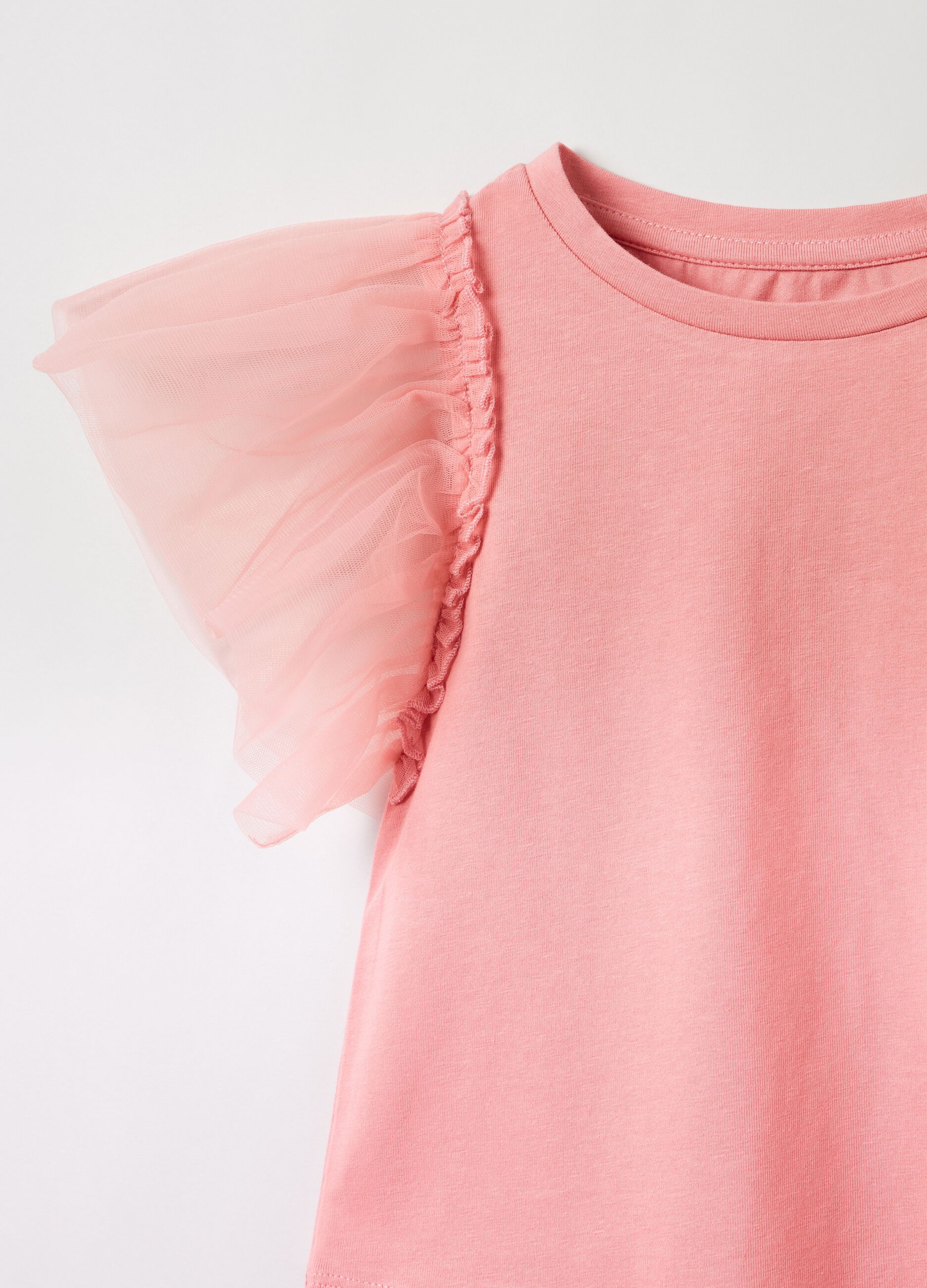 Cotton T-shirt with tulle sleeves