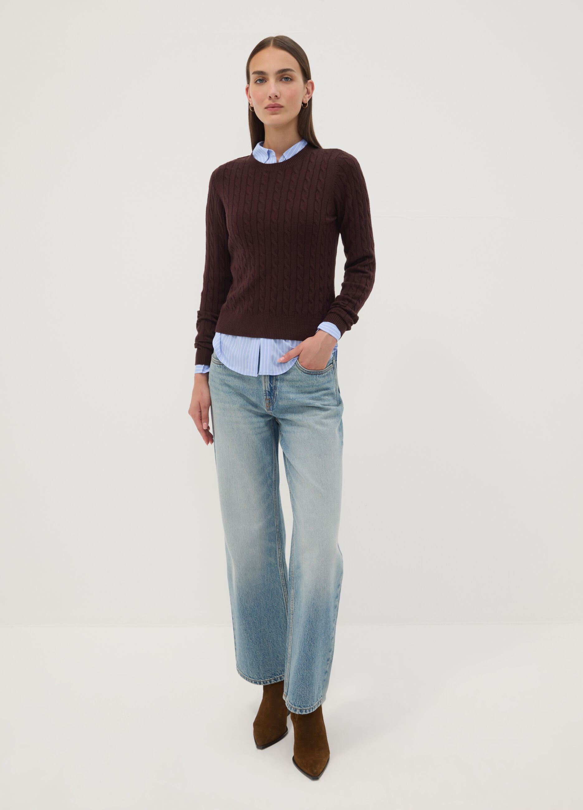 Brown cable-knit crew-neck jumper, regular fit