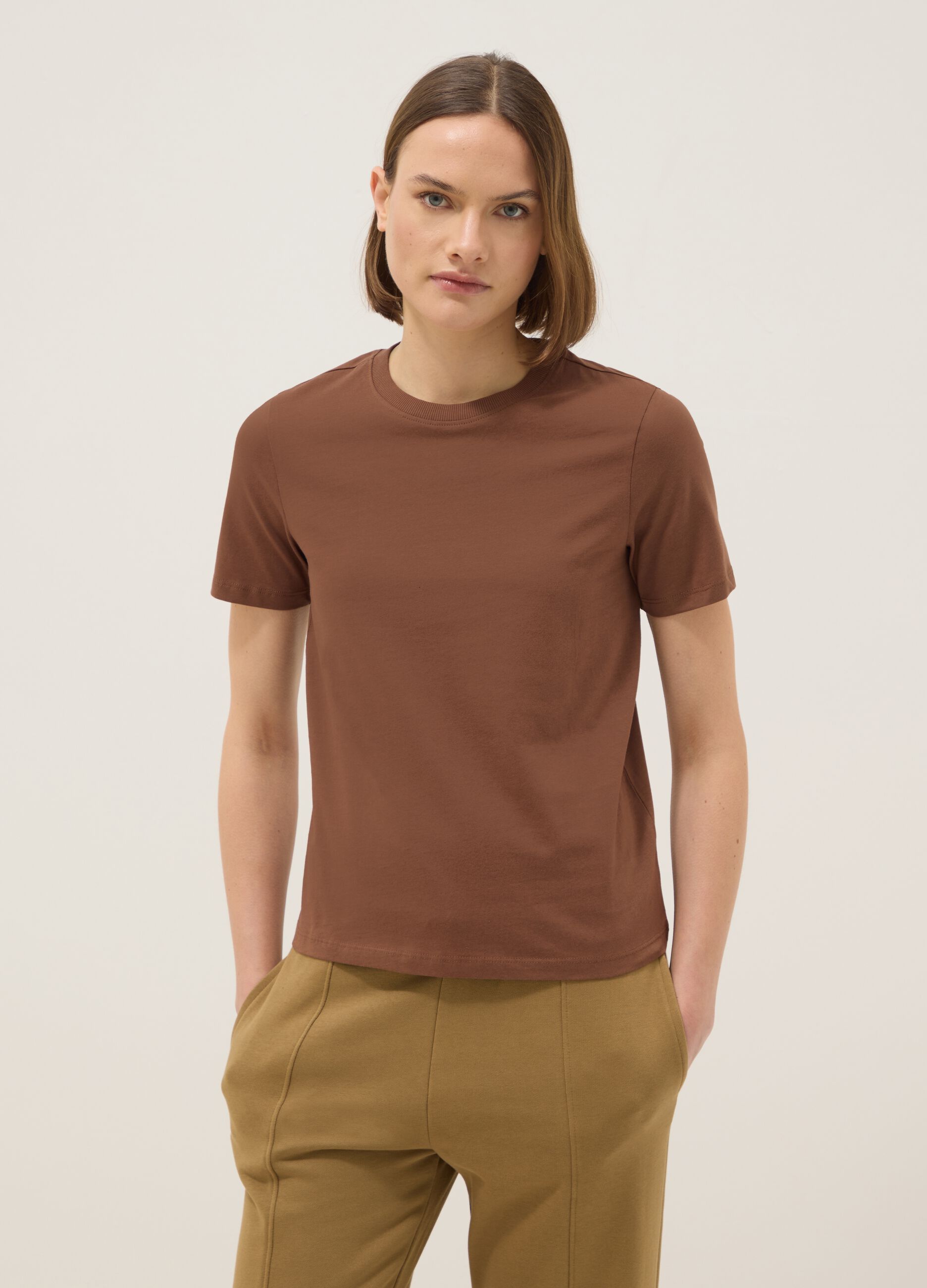 Brown pure cotton crew neck T-shirt regular fit