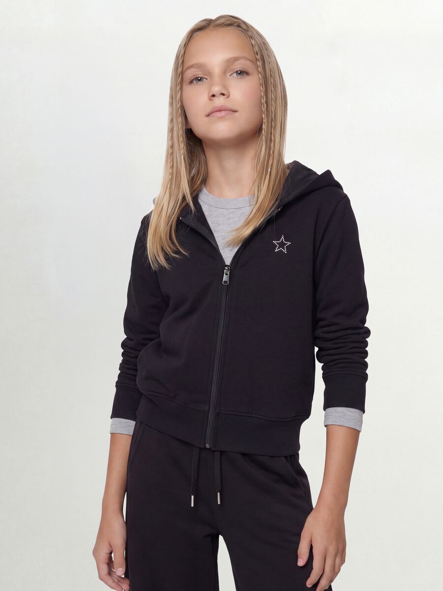 Black hooded sweatshirt in pure organic cotton with star for girls_0