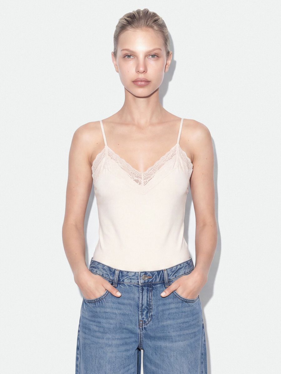 White fitted stretch-cotton bodysuit with lace_0