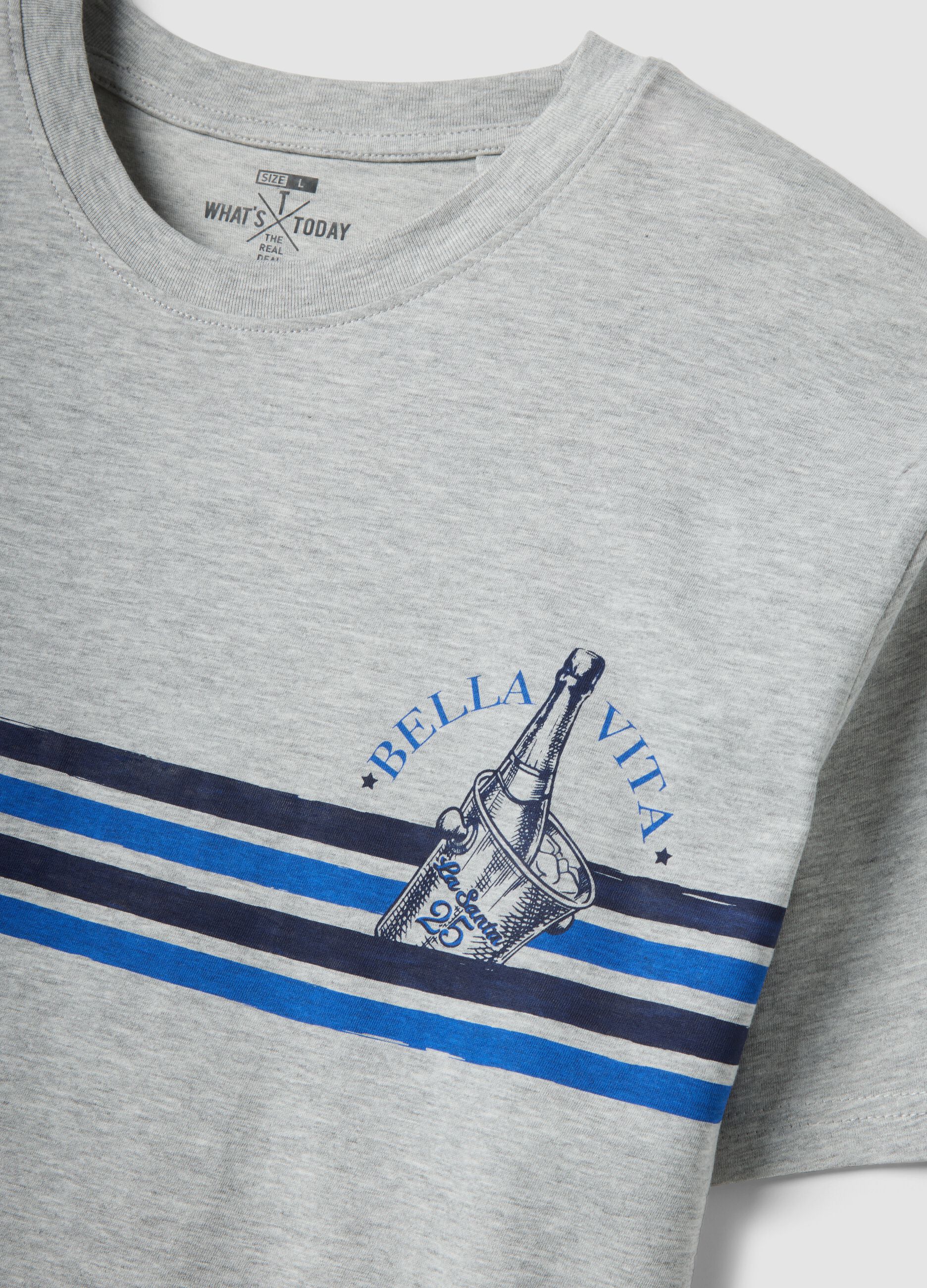 Graues T-Shirt aus reiner Baumwolle mit blauen Streifen