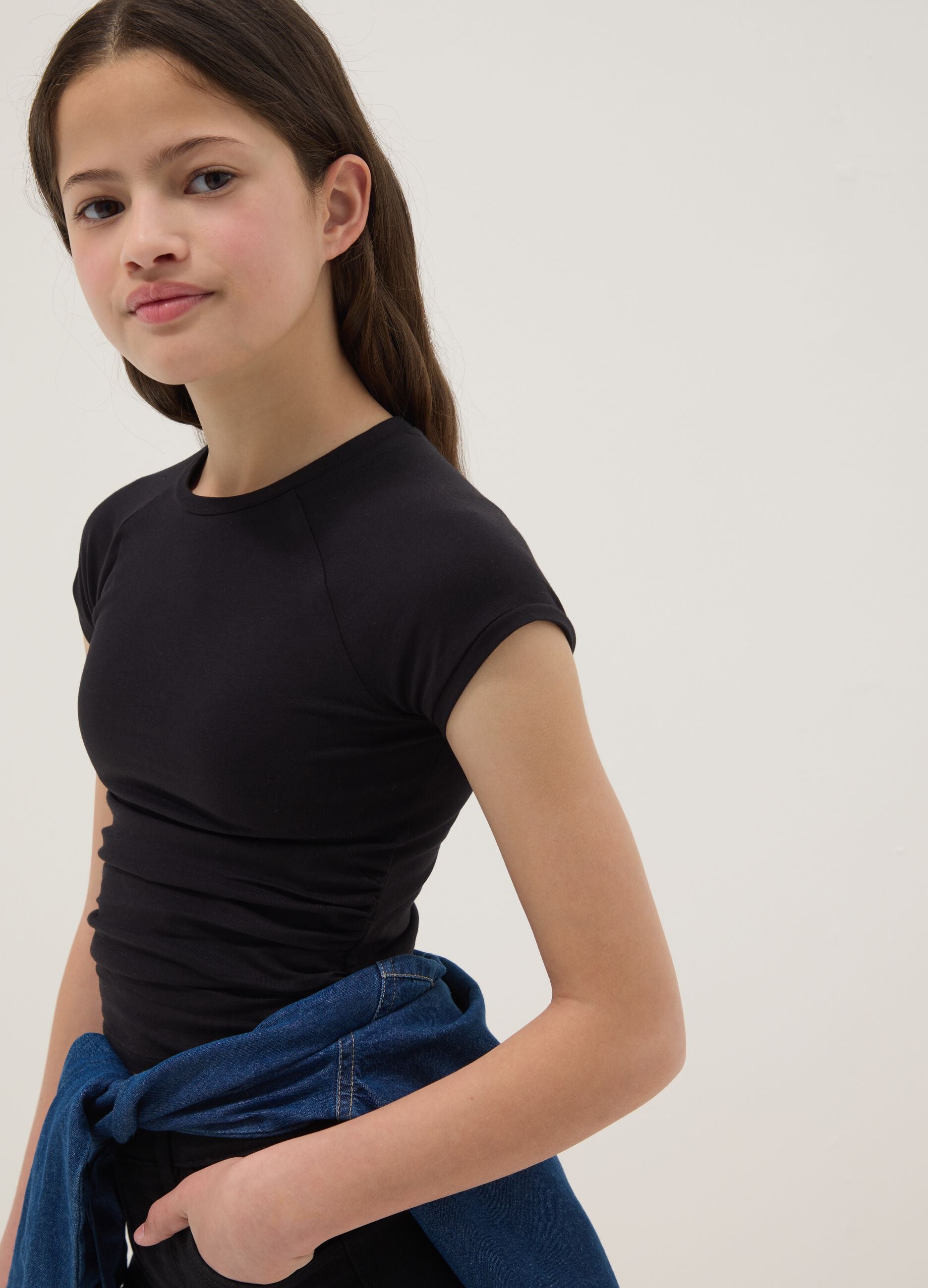 Girls' black stretch cotton slim fit t-shirt