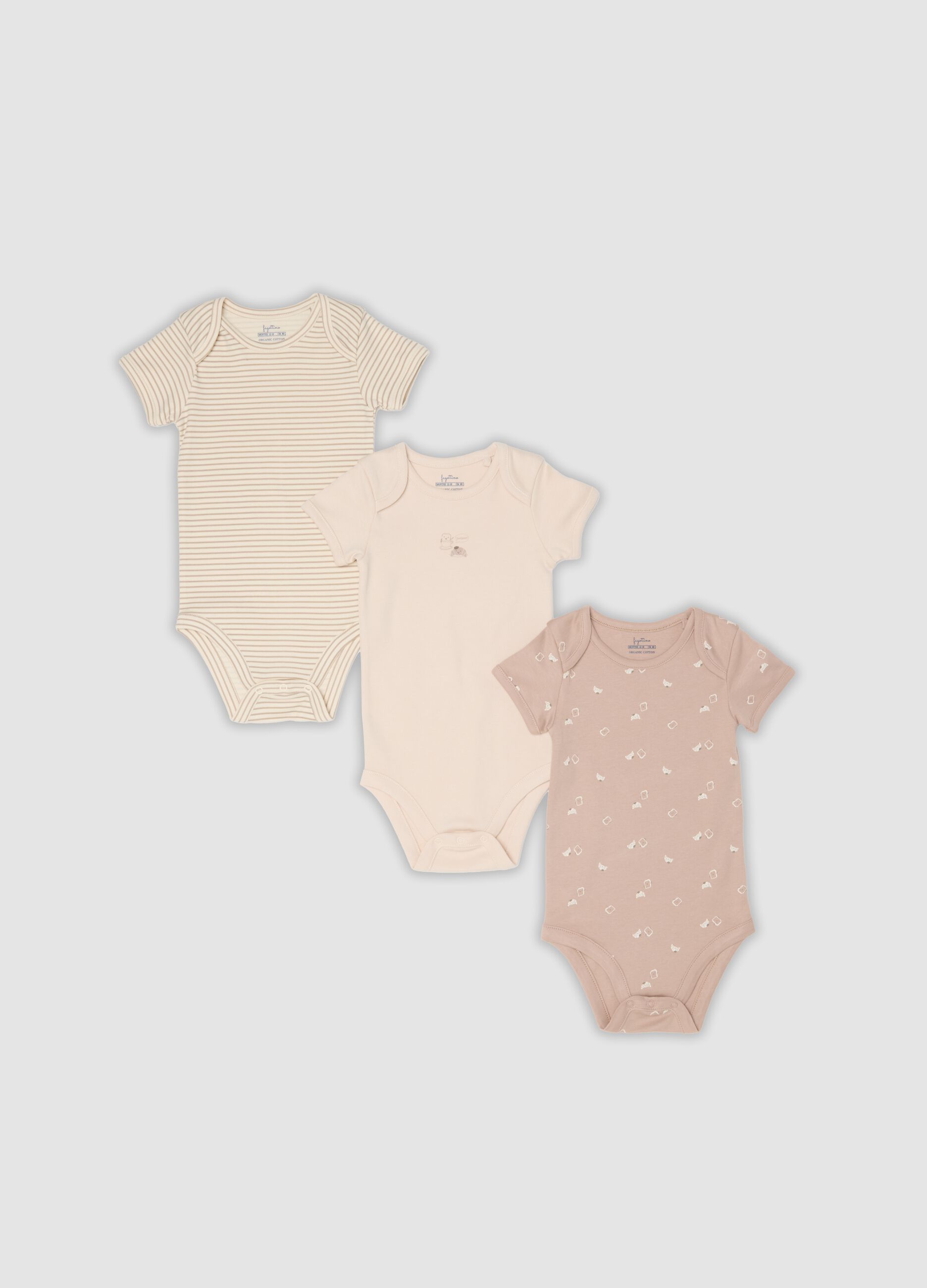 Tripack di body rosa e beige in cotone organico a maniche corte per neonati e bimbi