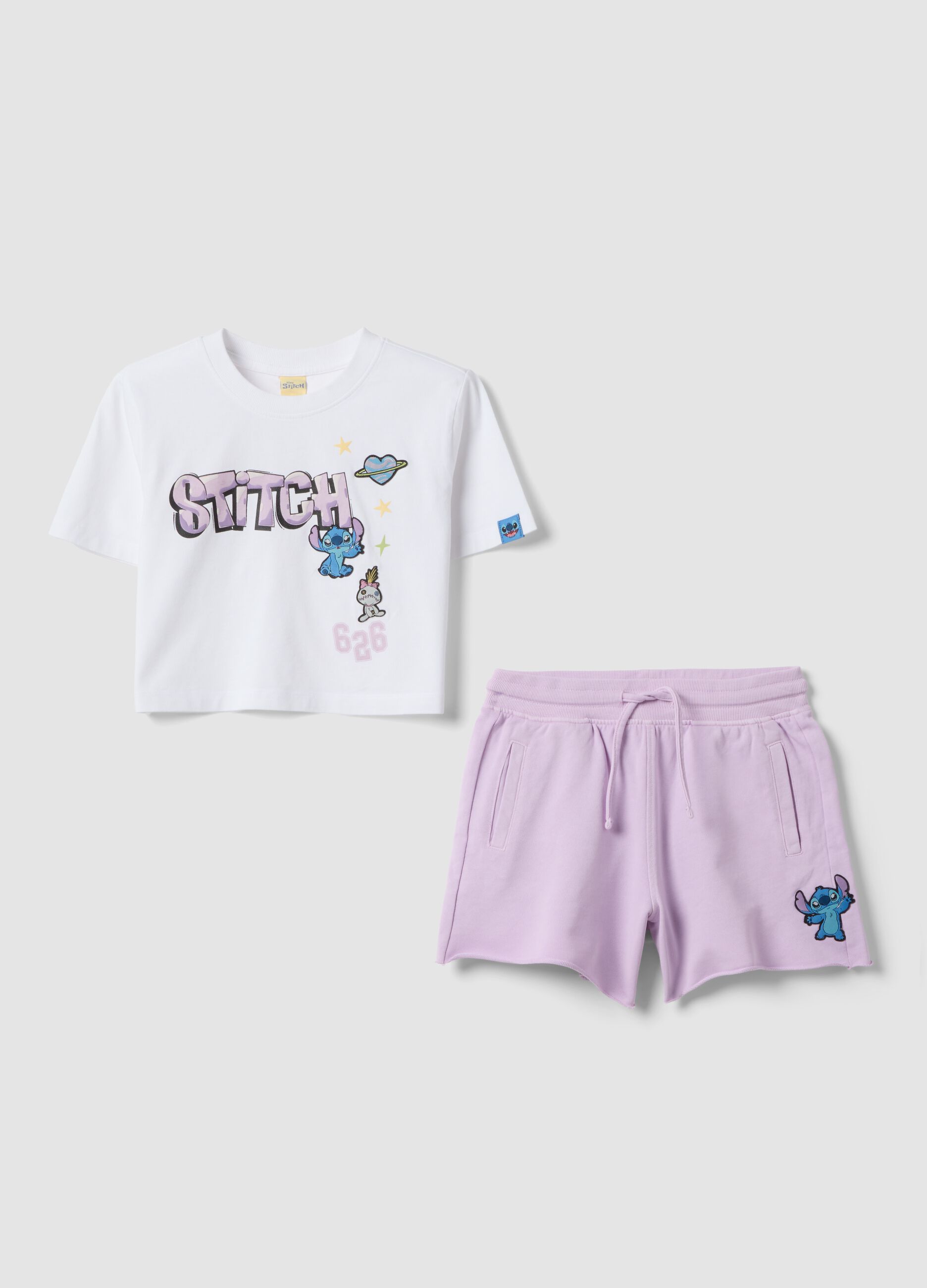 Conjunto branco e roxo em algod&atilde;o puro para rapariga com estampados do Stitch