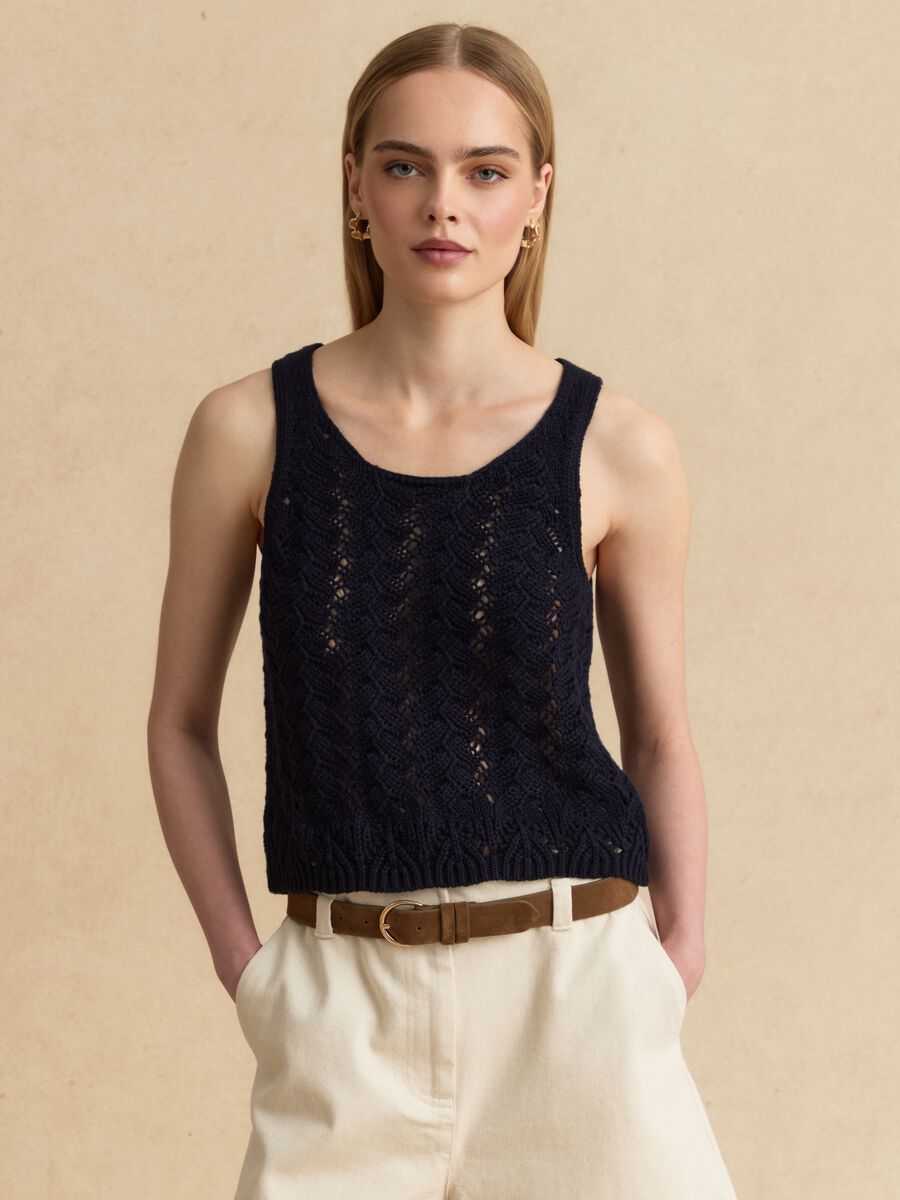 Blue pure-cotton crochet tank top_2
