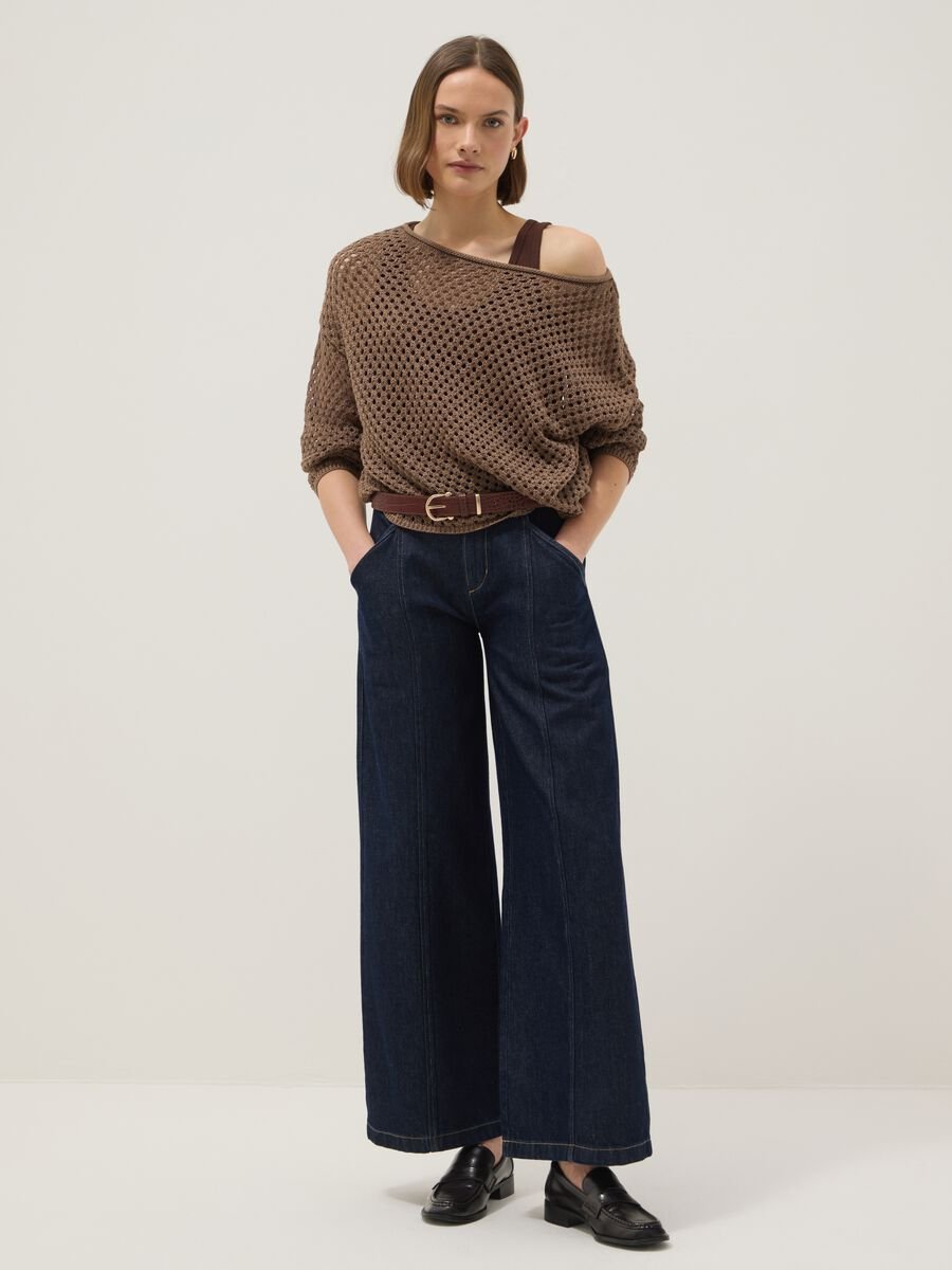 Brown cotton-blend oversized fit net texture jumper_1