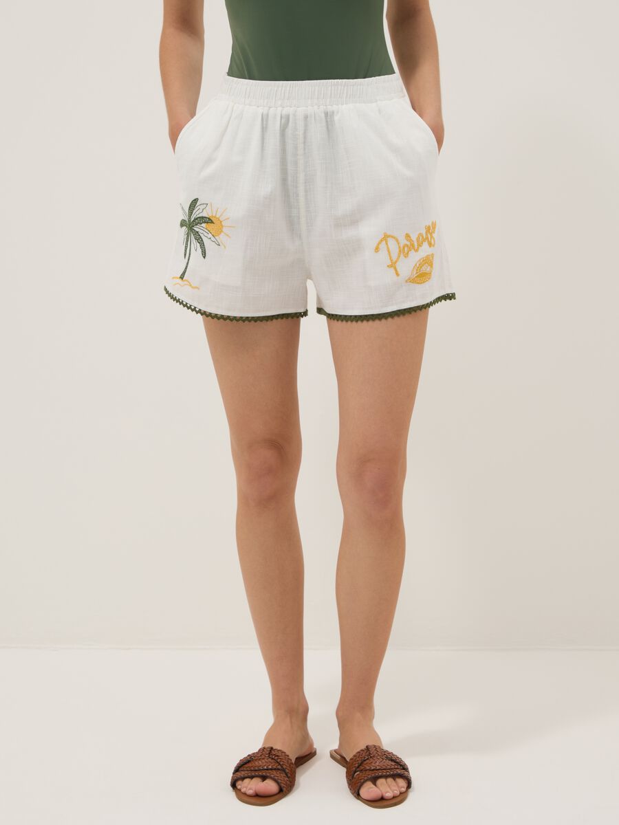 White pure cotton beach shorts with embroidery_1