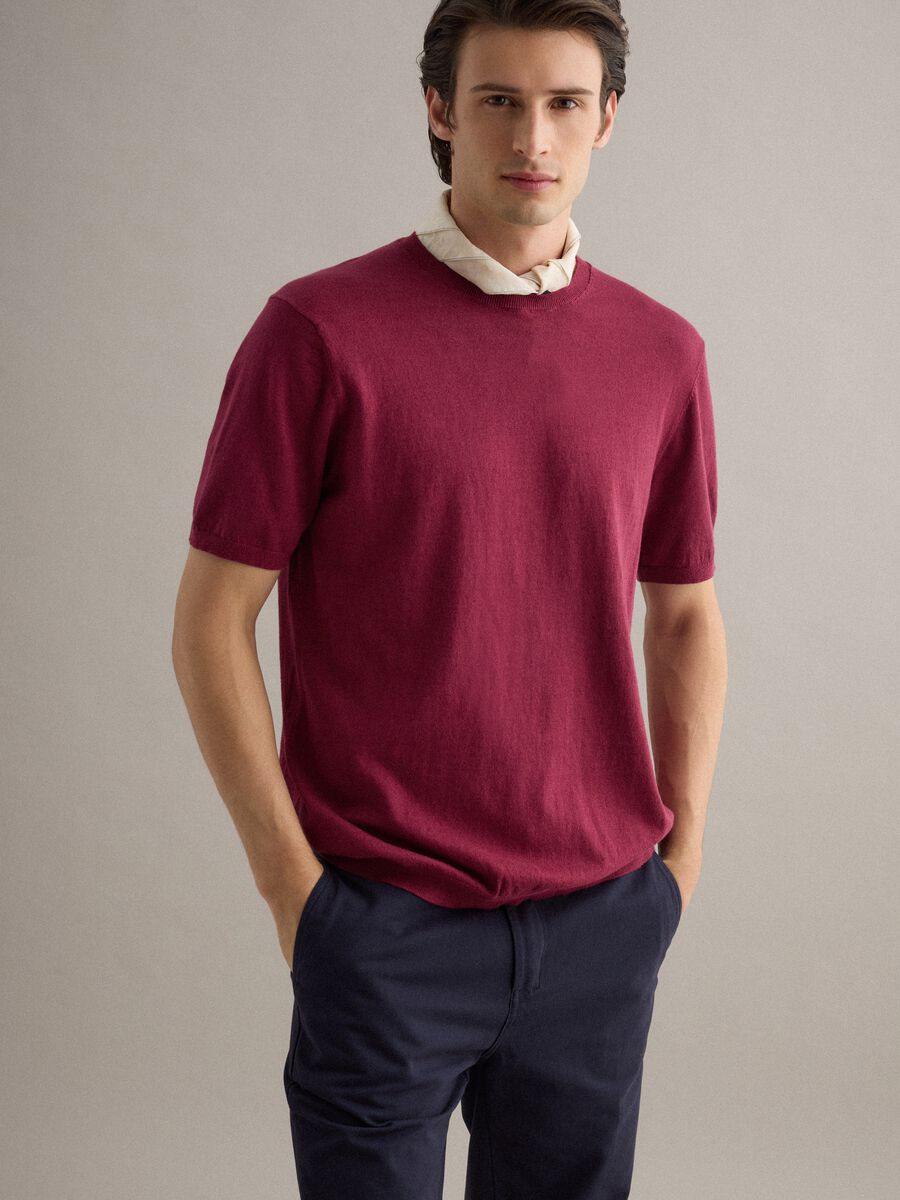 Short sleeve T-shirt in red cotton, linen and silk blend regular fit_1