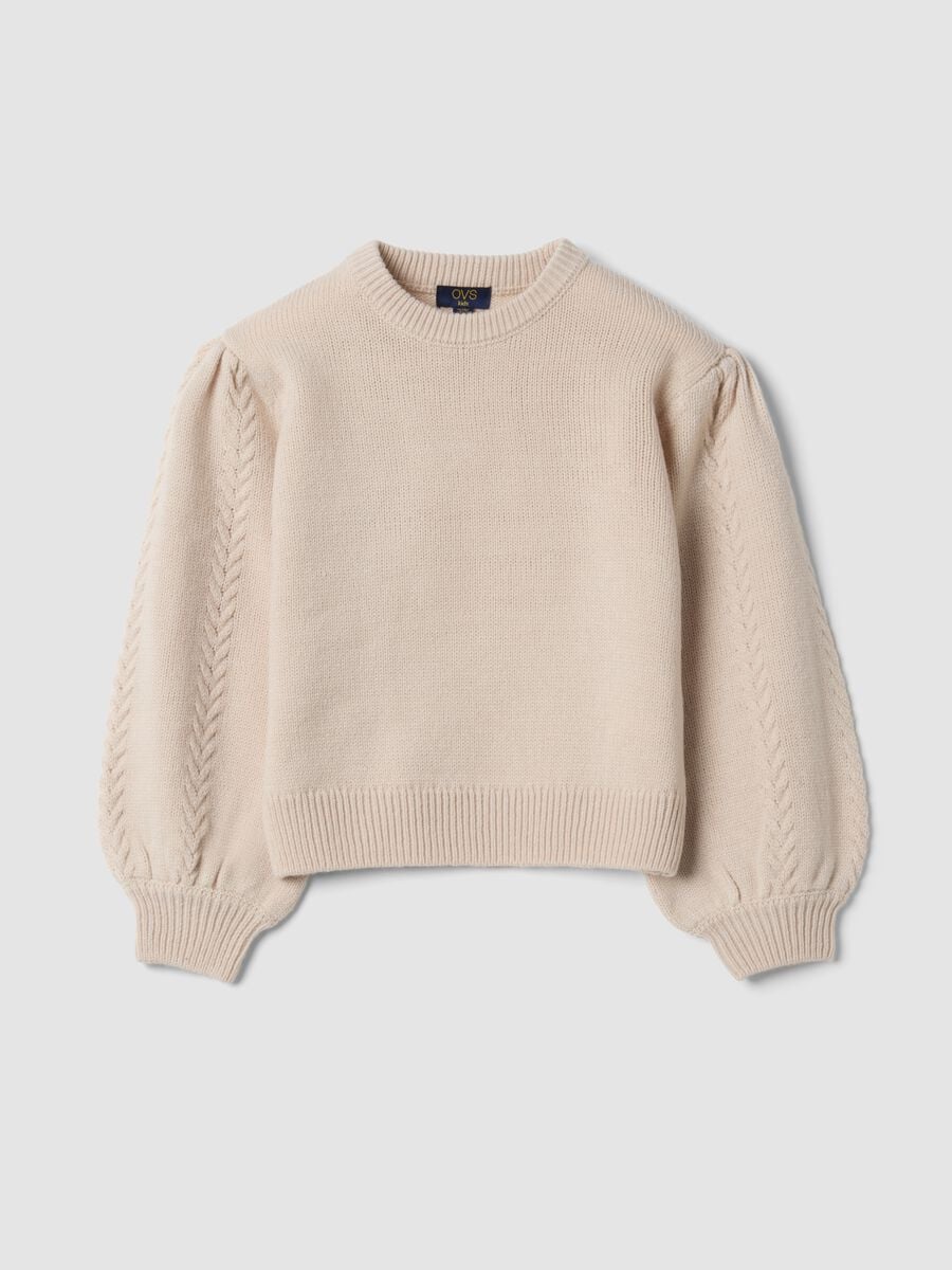 Beige crew-neck jumper with puff sleeves, regular fit_0