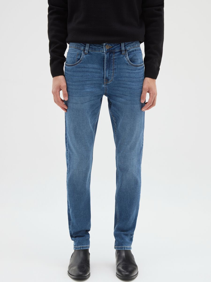 Blue denim skinny fit cotton blend jeans_1