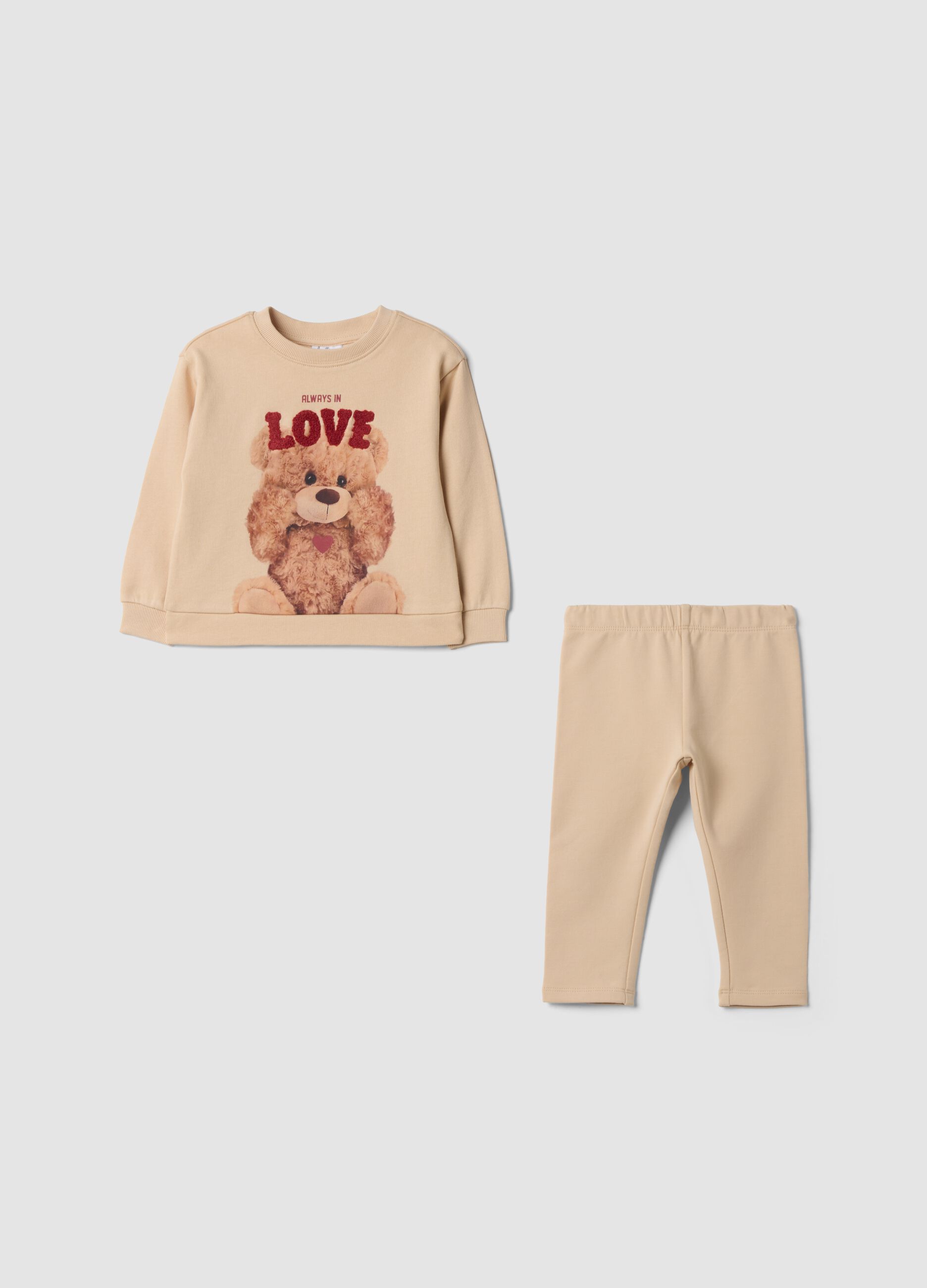 Beige pure cotton set with teddy bear print