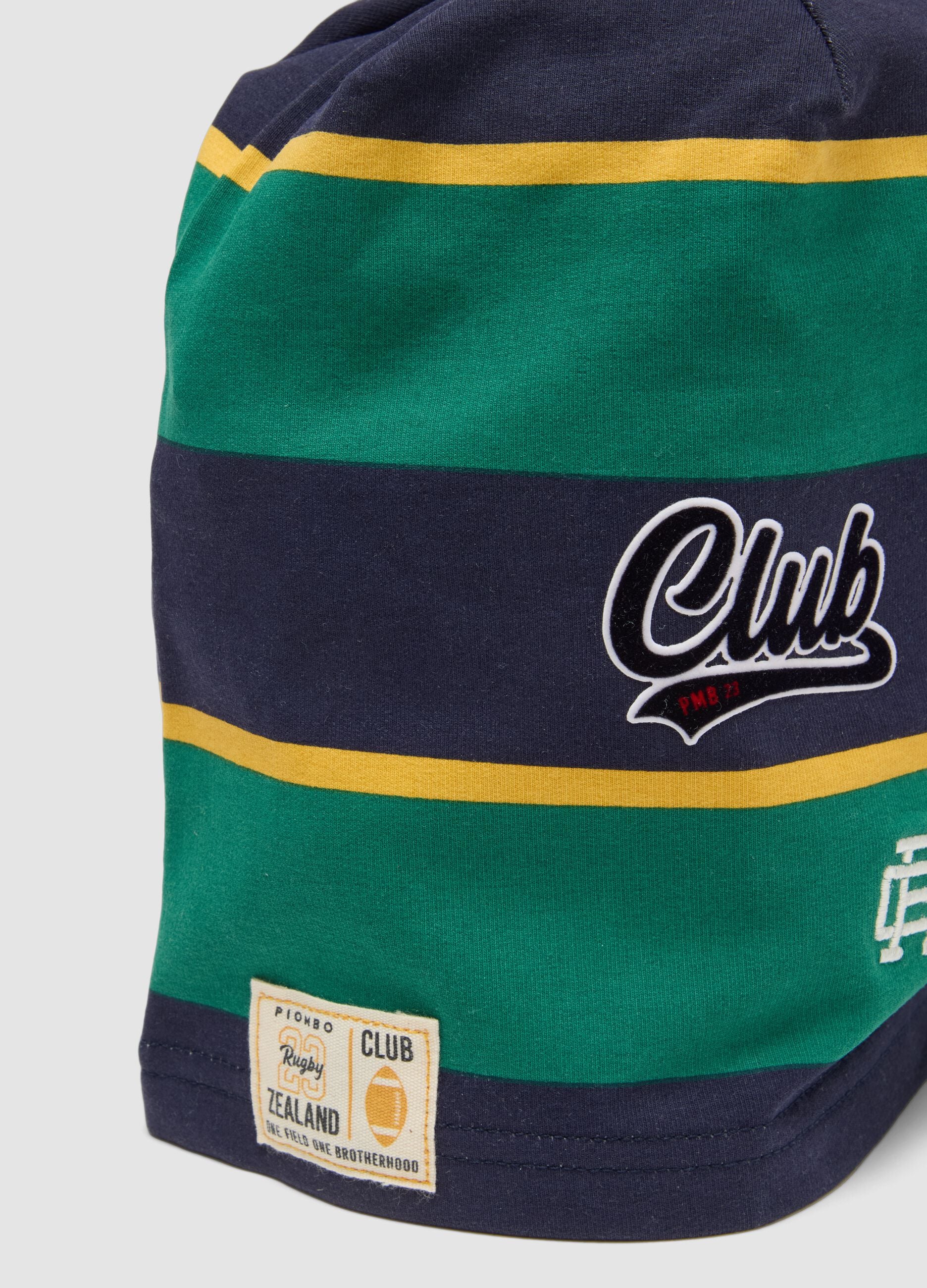 Multicolour striped stretch cotton hat with &lsquo;Club&rsquo; slogan