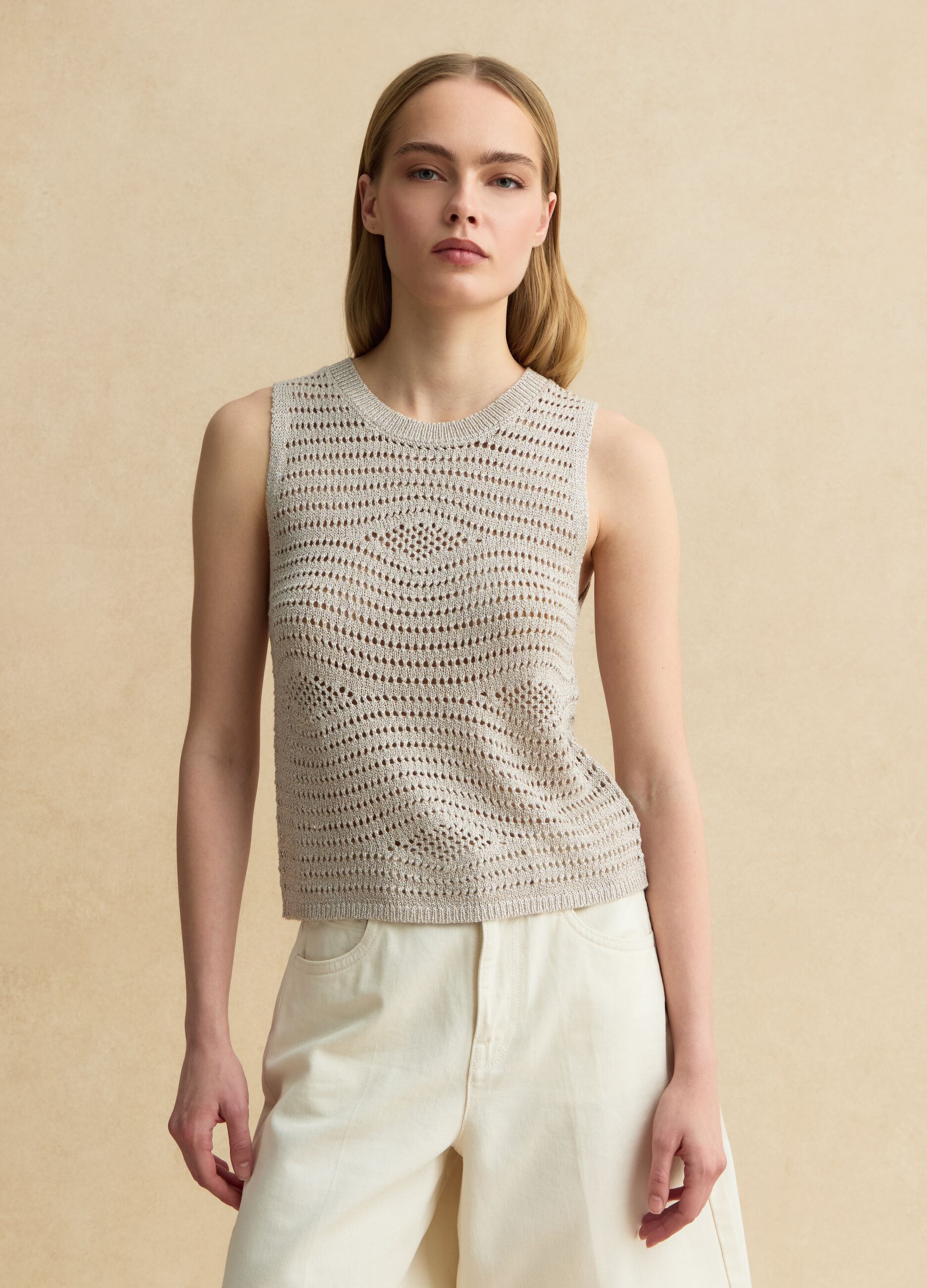 Beige open-knit viscose-blend vest top