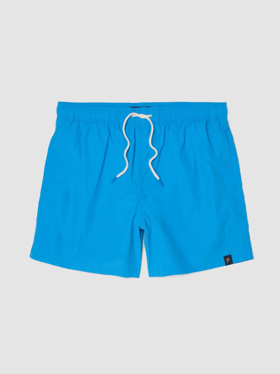 Blue swim shorts with elasticated waistband and contrast drawstring_0