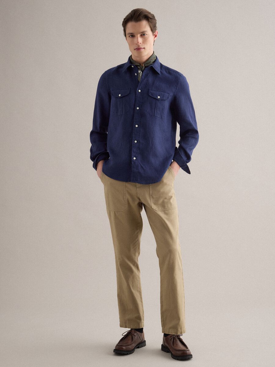 Regular Fit Long-Sleeve Pure Linen Blue Shirt_2